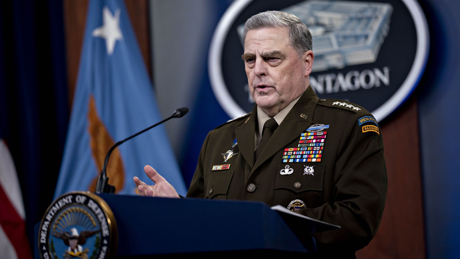 Mark Milley, chair of the joint chiefs of staff, speaks during a news conference at the Pentagon in Arlington, Virginia, U.S., on Wednesday, Sept. 1
