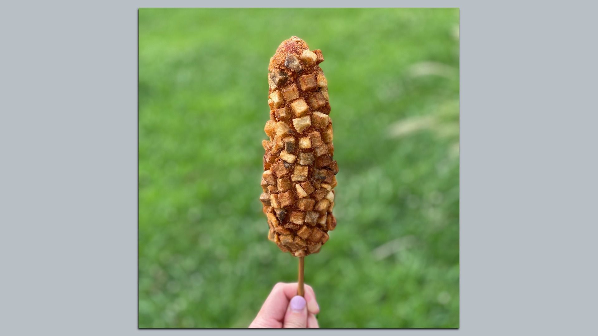 a photo shows a Korean corn dog held in a hand with grass in the background. The corn dog is covered in diced potato and fried.