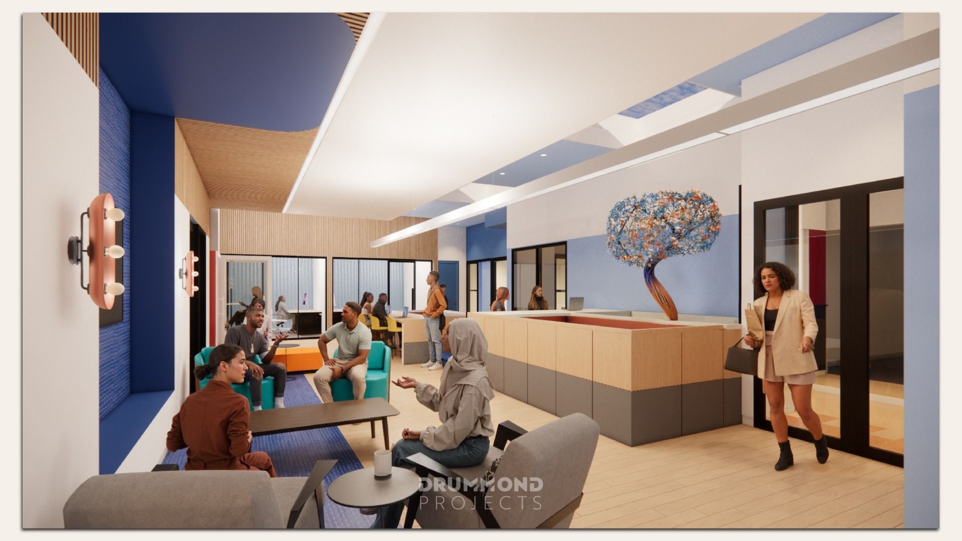 Modern office lounge with blue and wood accents, people sitting and talking on teal and gray chairs, a large planter with a blue and orange decorative tree, and glass doors on the right.