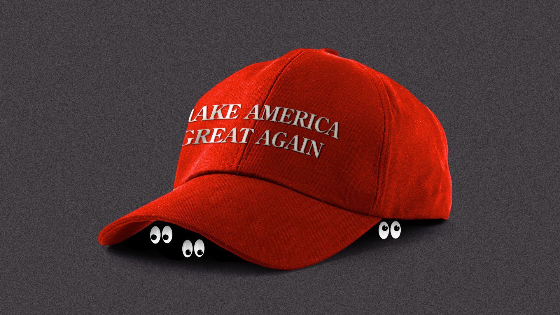 Illustration of a MAGA hat with small eyes peering out from the darkened underside of the hat. 