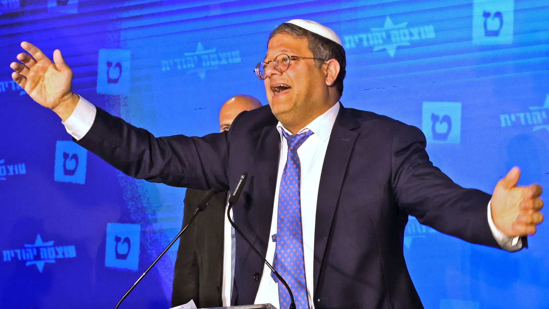 Itamar Ben Gvir addresses supporters at campaign headquarters in Jerusalem early on November 2,