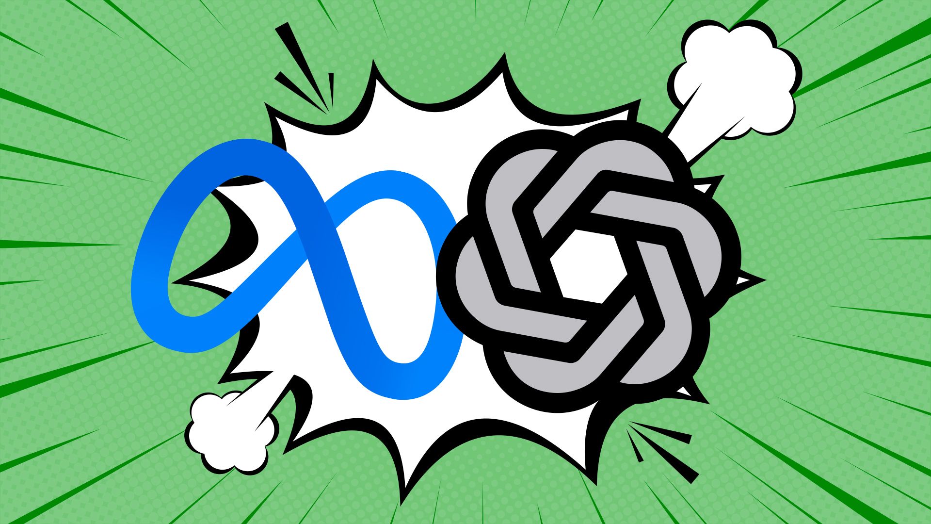 Illustration of the Meta and OpenAI logos clashing in a comic book style spiky cloud.