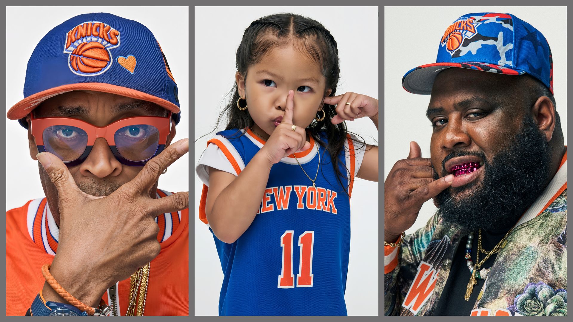Triptych of Knicks fans: left man in a blue Knicks cap and orange sunglasses; center girl in a blue New York jersey making a shushing gesture; right man in a blue camo Knicks cap with a pink grill.