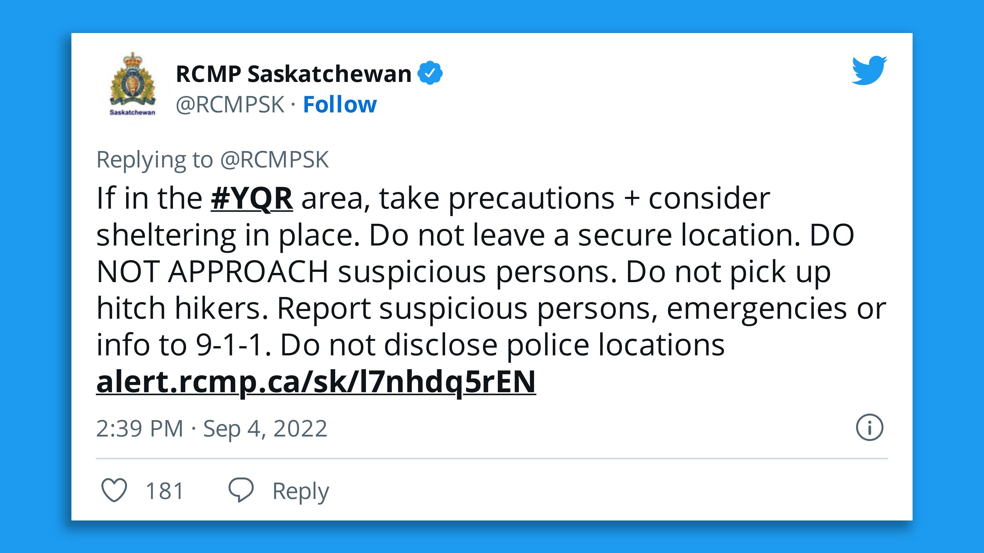 A screenshot of a Canadian police tweet warning people to shelter in place due to the stabbing attacks.