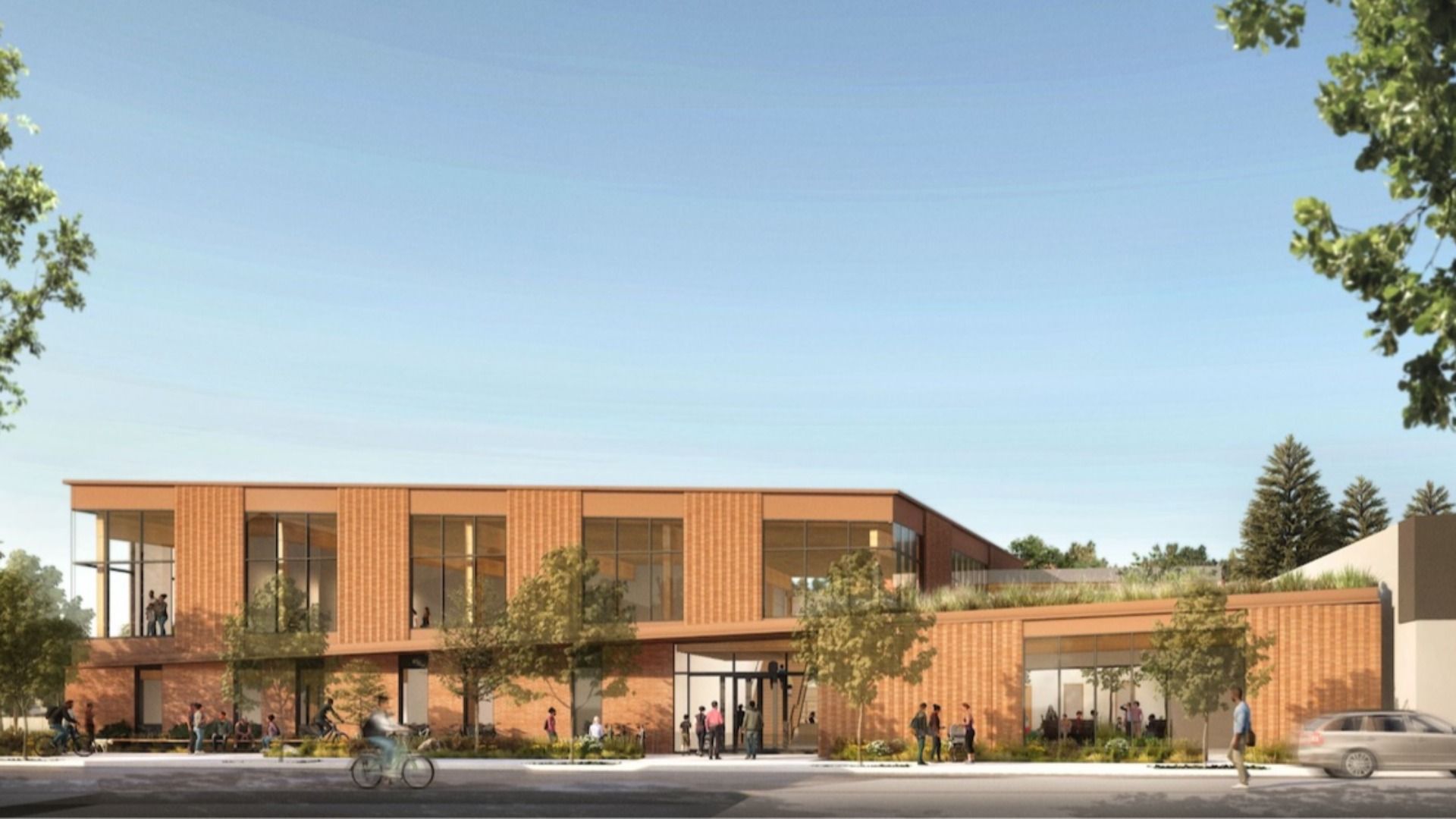 A rendering of an outside of a brick building.