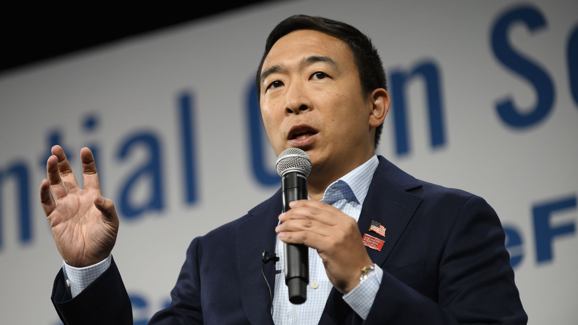  Democratic presidential candidate Andrew Yang speaks during a forum on gun safety at the Iowa Events Center on August 10