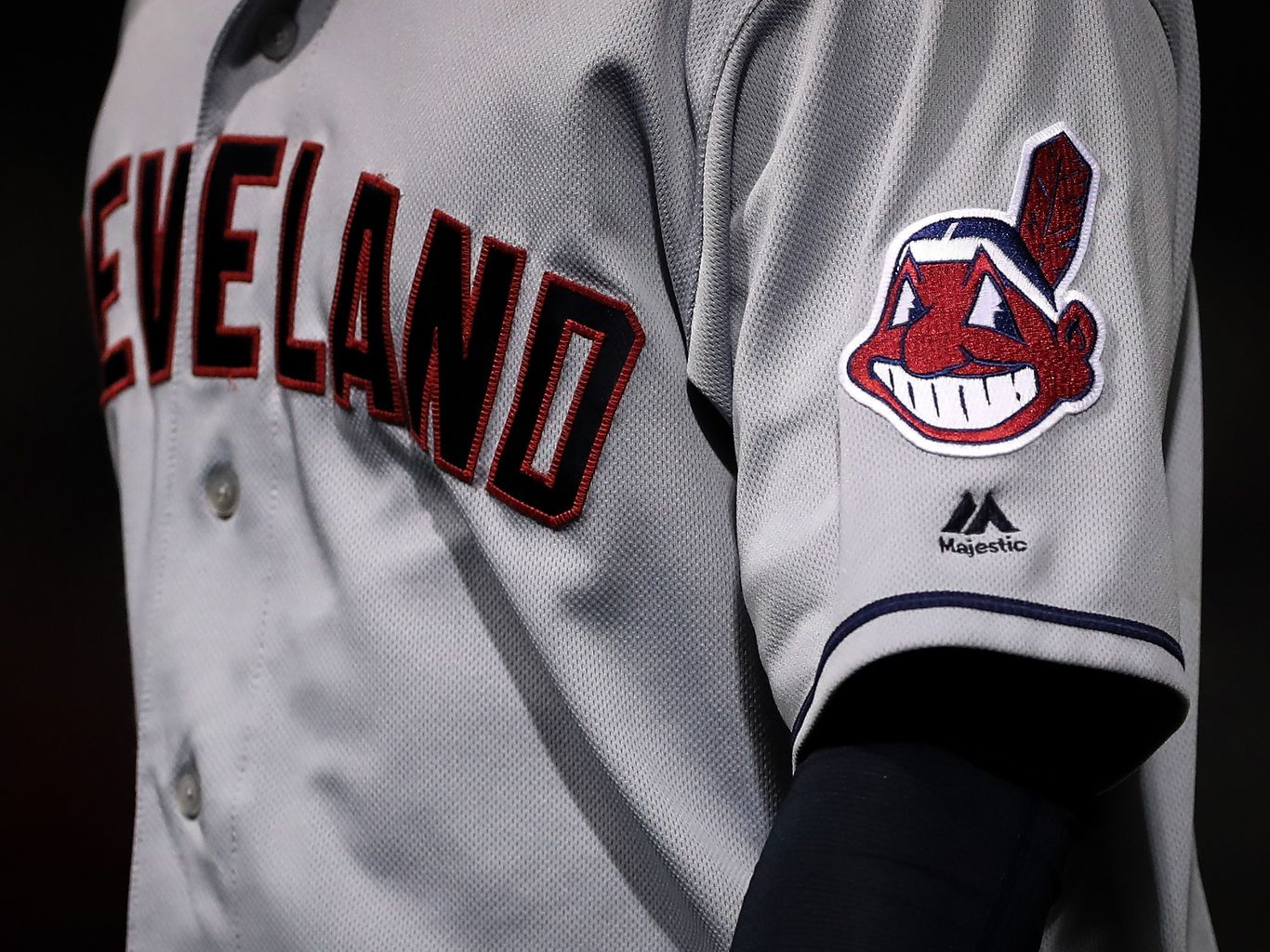 May 19, 2018: The Chief Wahoo logo can be seen on the sleeve of an Indians  jersey during a Major League Baseball game between the Houston Astros and  the Cleveland Indians at