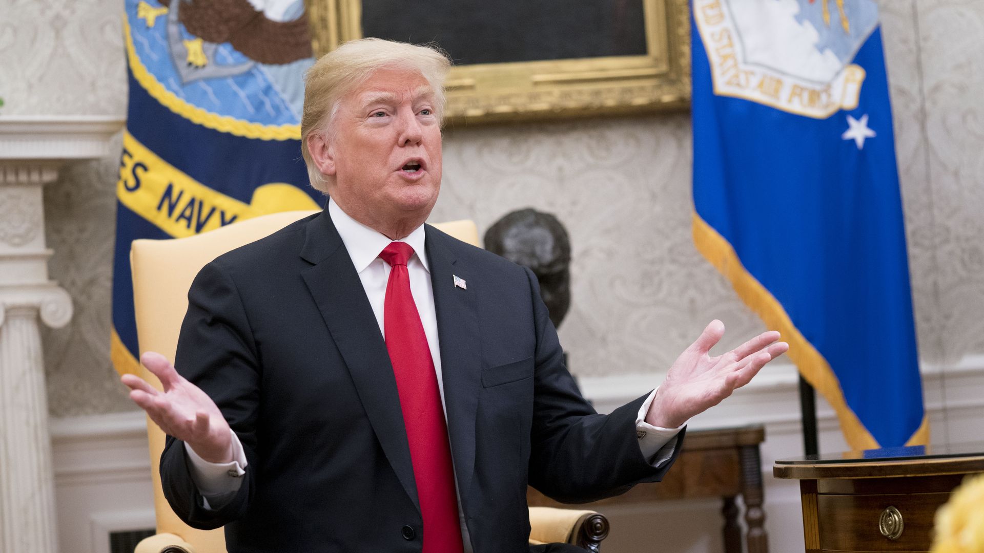 . President Donald Trump speaks while meeting with President of the Republic of Chile, Sebastian Pinera during a meeting in the Oval Office of the White House on September 28.