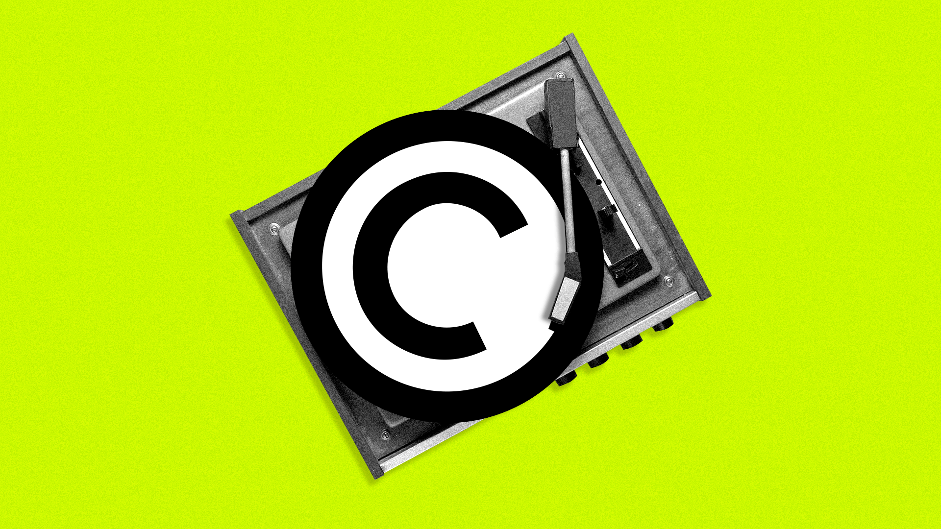 Animated illustration of a copyright symbol as a vinyl playing on a record player. 