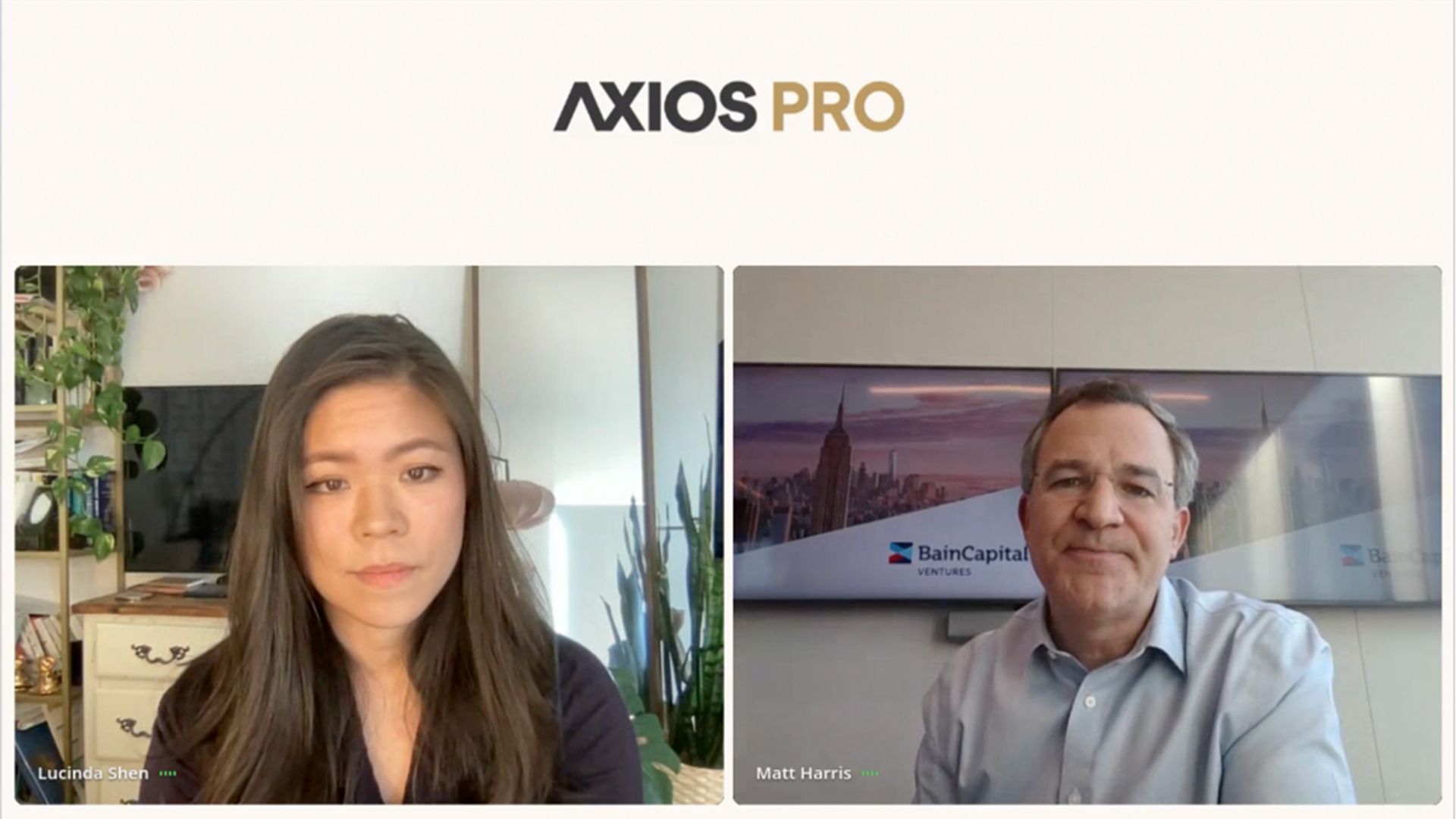 Screenshot of Axios' Lucinda Shen and Bain Capital's Matt Harris online conversation