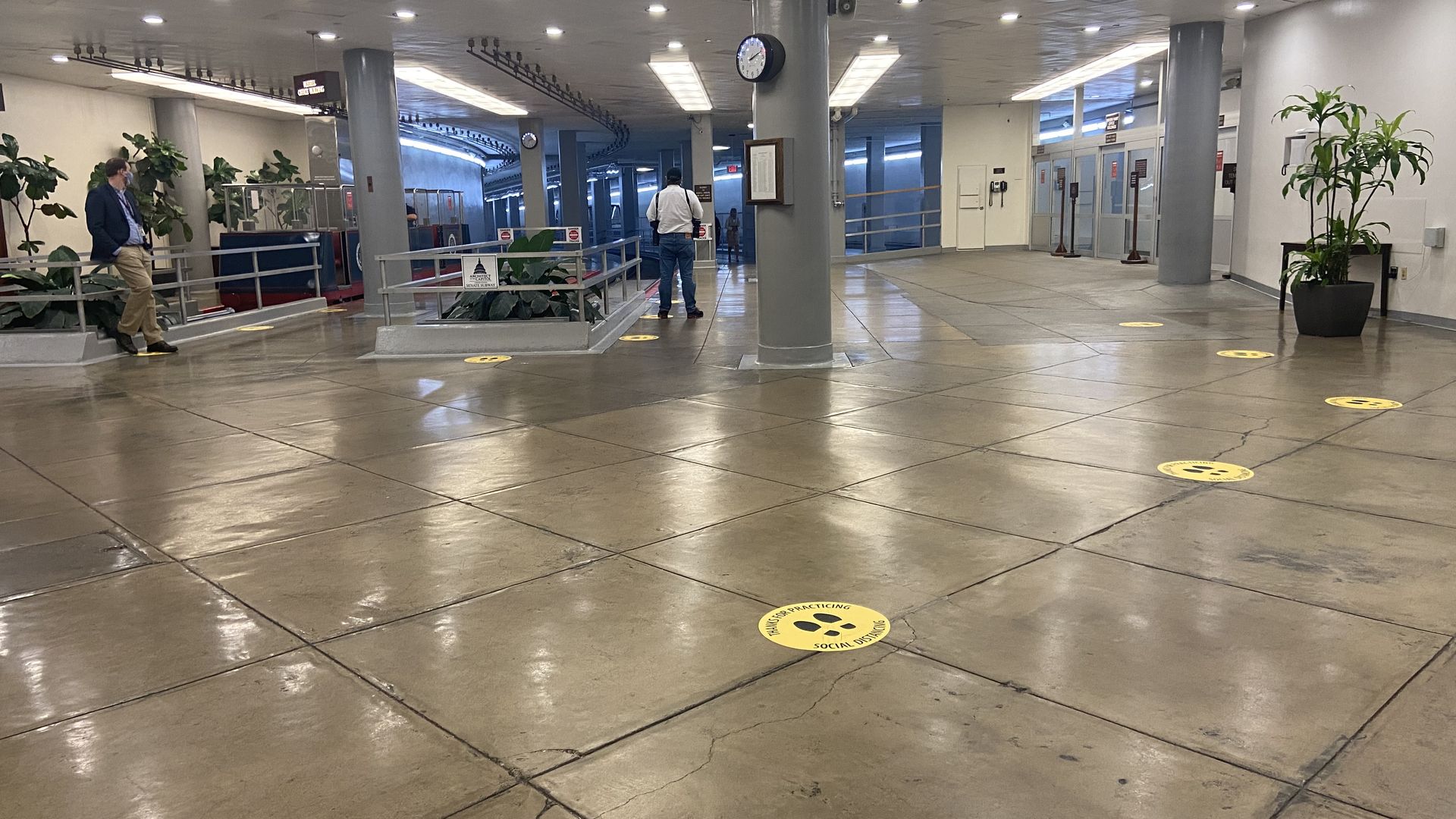 A photo of social distancing stickers to designate where reporters can stand on Capitol Hill