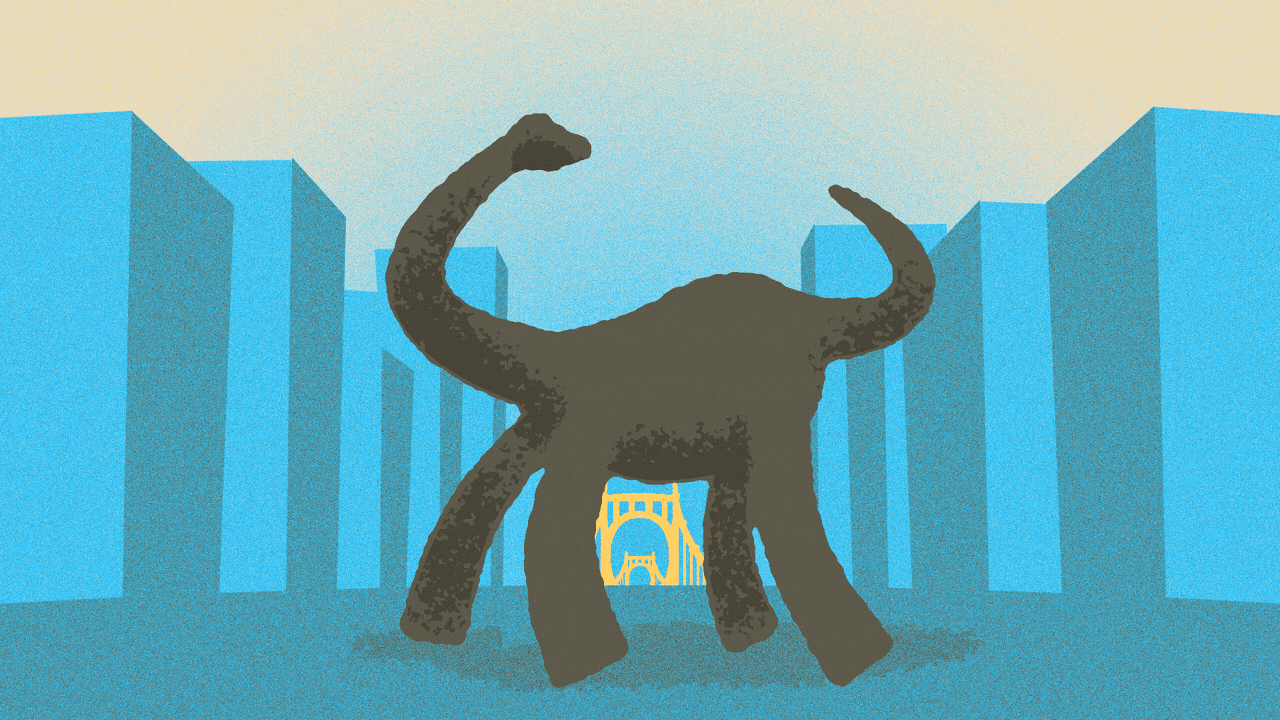 Animated illustration of the Dippy the Dinosaur statue stretching its tail and neck between the roofs of two buildings so the words THE BRIDGE can cross between them.