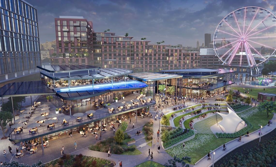 A rendering of the Esplanade development hugging the Ohio River.