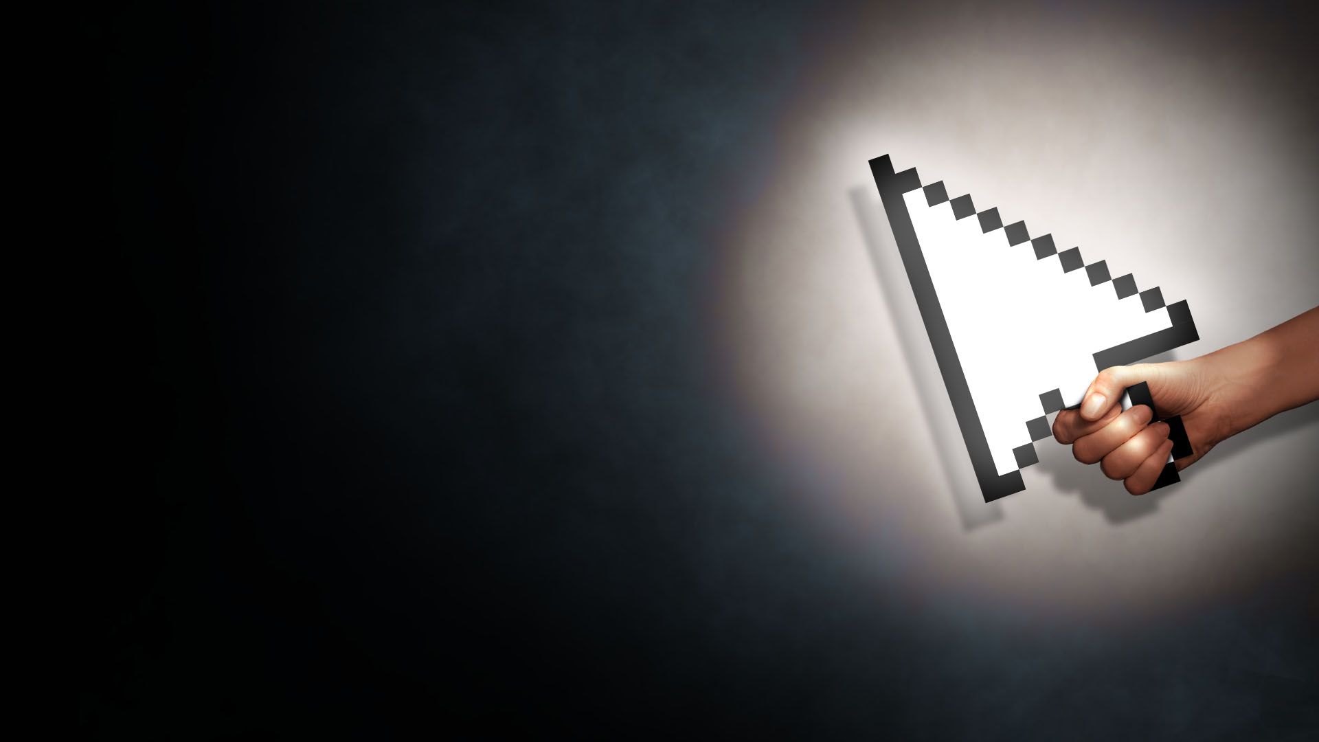 Illustration of a hand gripping a large pixelated white computer cursor on a dark background with the cursor emitting light