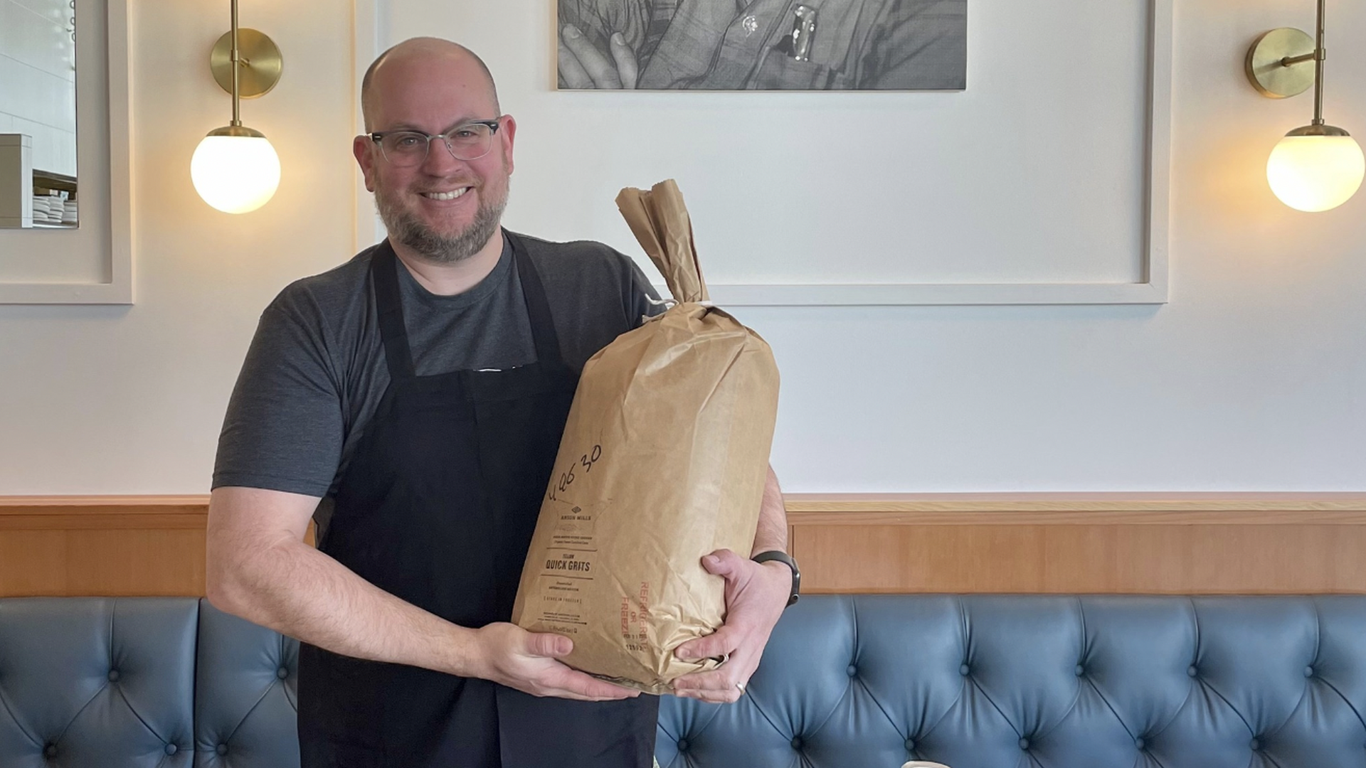 Chris Hoffman holding flour