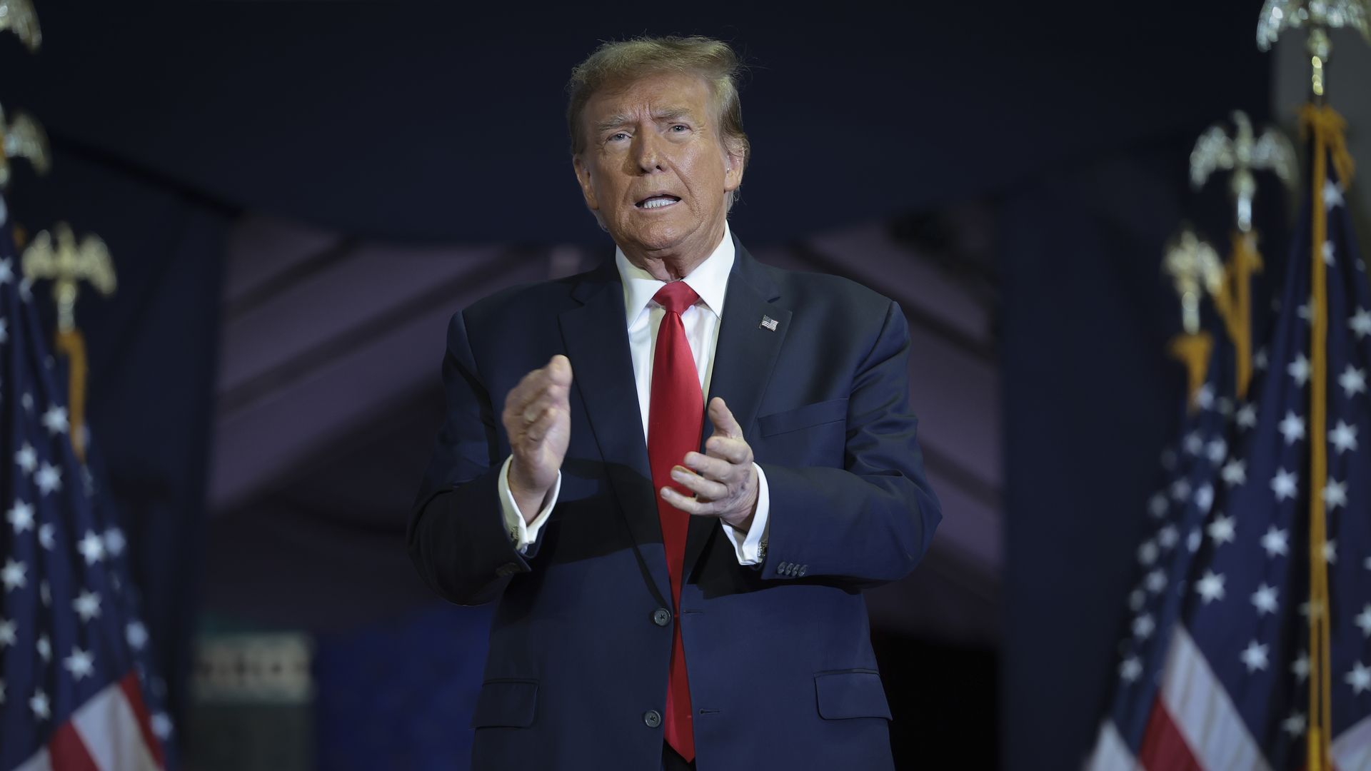 CONWAY, SOUTH CAROLINA - FEBRUARY 10: Republican presidential candidate and former President Donald Trump arrives on stage during a Get Out The Vote rally at Coastal Carolina University on February 10, 2024 in Conway, South Carolina. 
