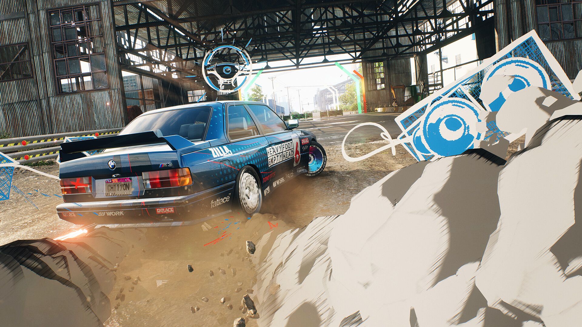 Video game screenshot of a realistic-looking blue race car driving away, with cartoony plumes of smoke billowing behind it