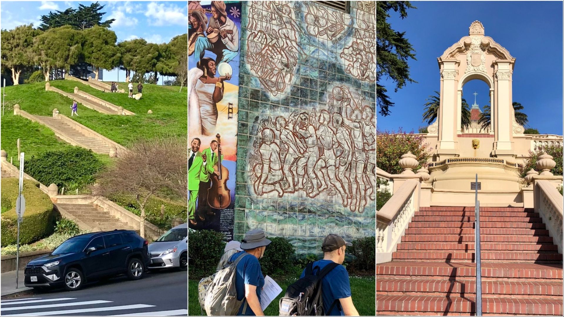 Triptych: left shows a sunny hillside with stone steps, trees, and parked cars; center a mural of musicians and a crowd with two hikers; right a grand staircase and ornate arch with a cross against a blue sky.