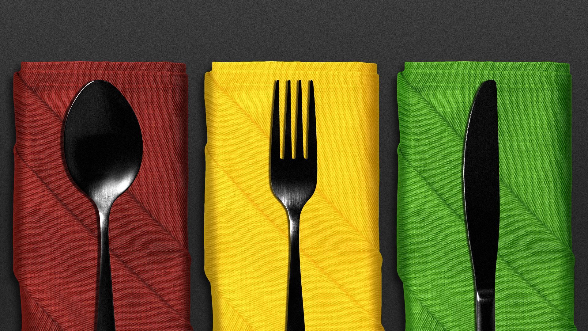 Illustration of silverware on red, yellow and green napkins.