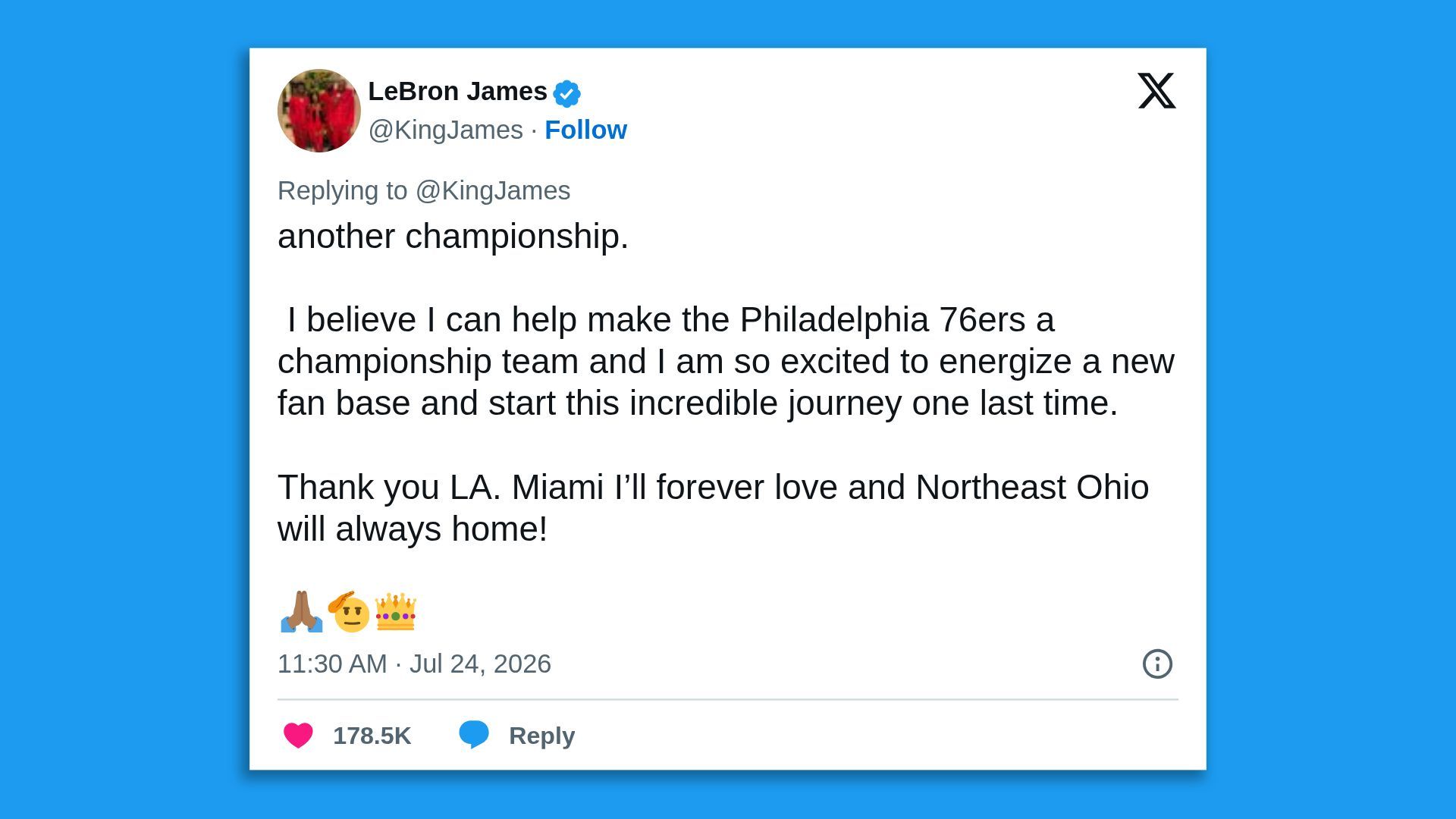 White tweet card on a blue background from LeBron James (@KingJames). It discusses helping the Philadelphia 76ers, energizing a new fan base, and thanks to LA, Miami, and Northeast Ohio.