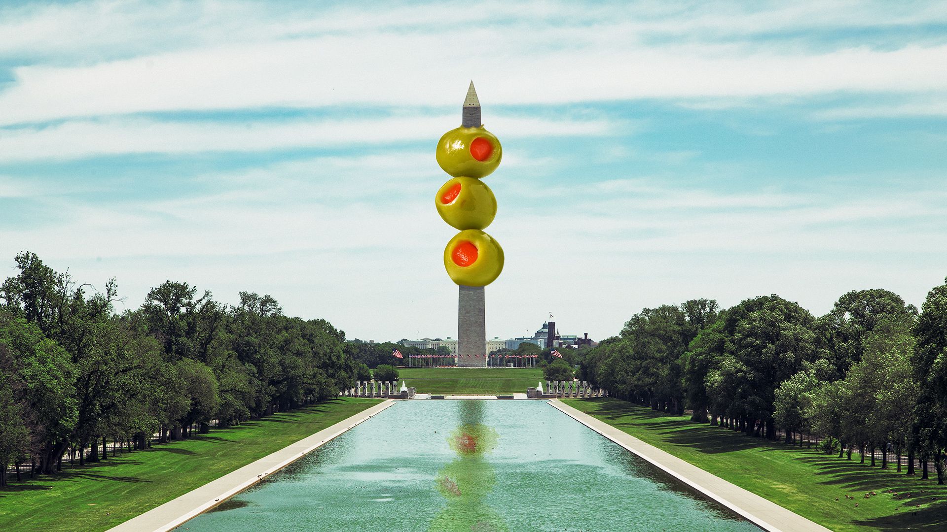 Illustration of the Washington Monument piercing three olives.