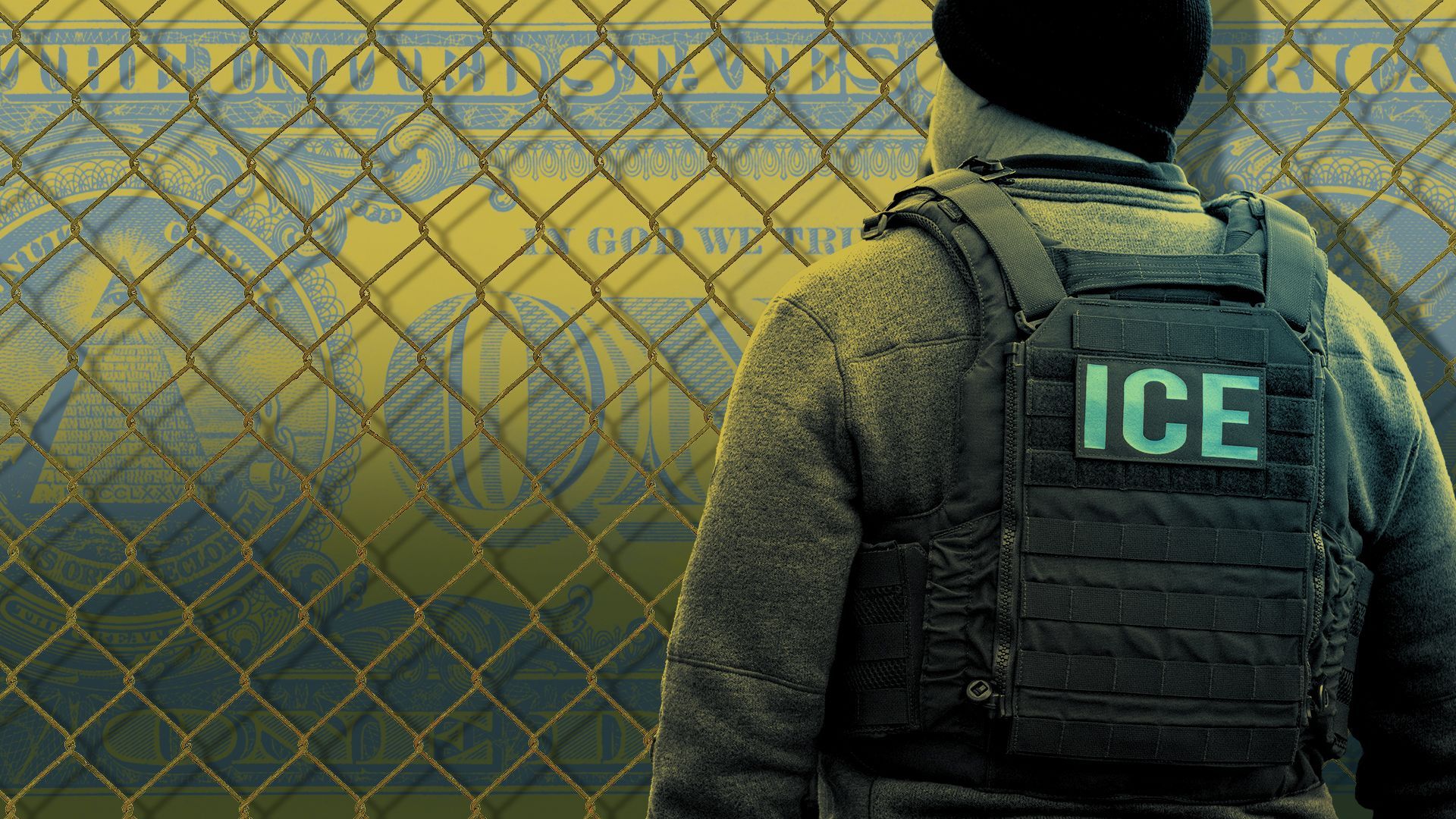 Photo illustration of an ICE agent looking at a dollar bill locked behind a chain link fence