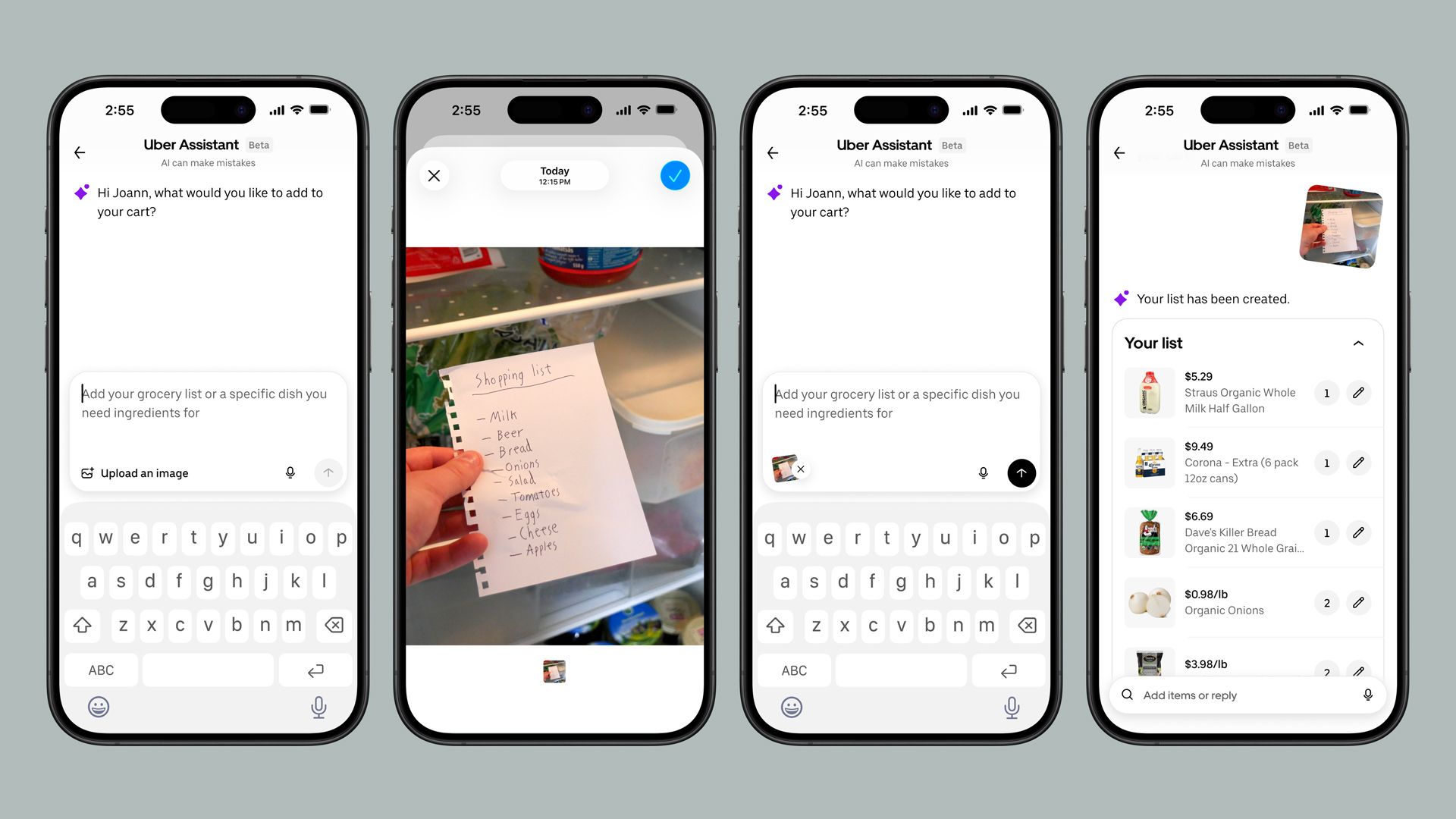Four phone screens showing Uber Assistant creating a grocery list from a handwritten list photo, adding milk, beer, bread, onions, salad, tomatoes, eggs, cheese, apples with prices and quantities.