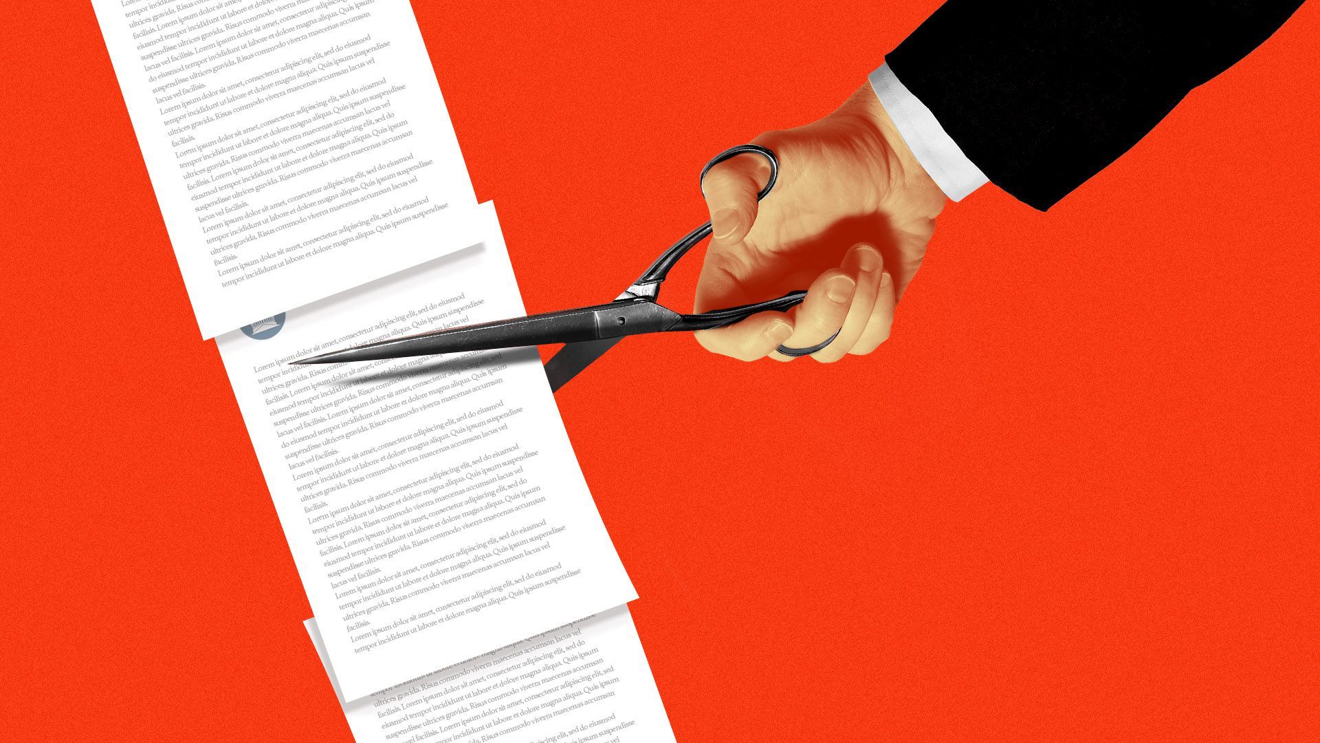 Illustration of a hand in a suit with scissors about to cut a line of papers from a House bill