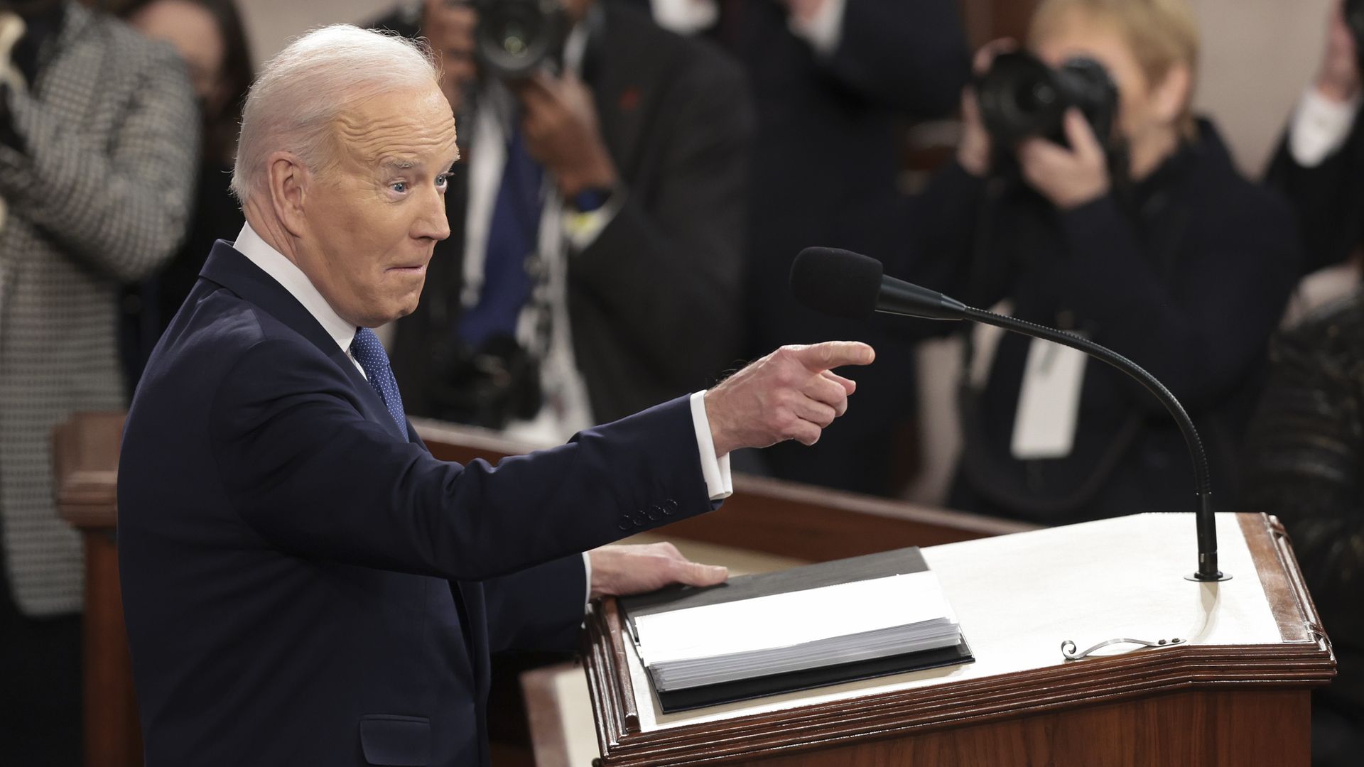U.S. President Joe Biden delivers the State of the Union address during a joint session of Congress in the U.S. Capitol's House Chamber 
