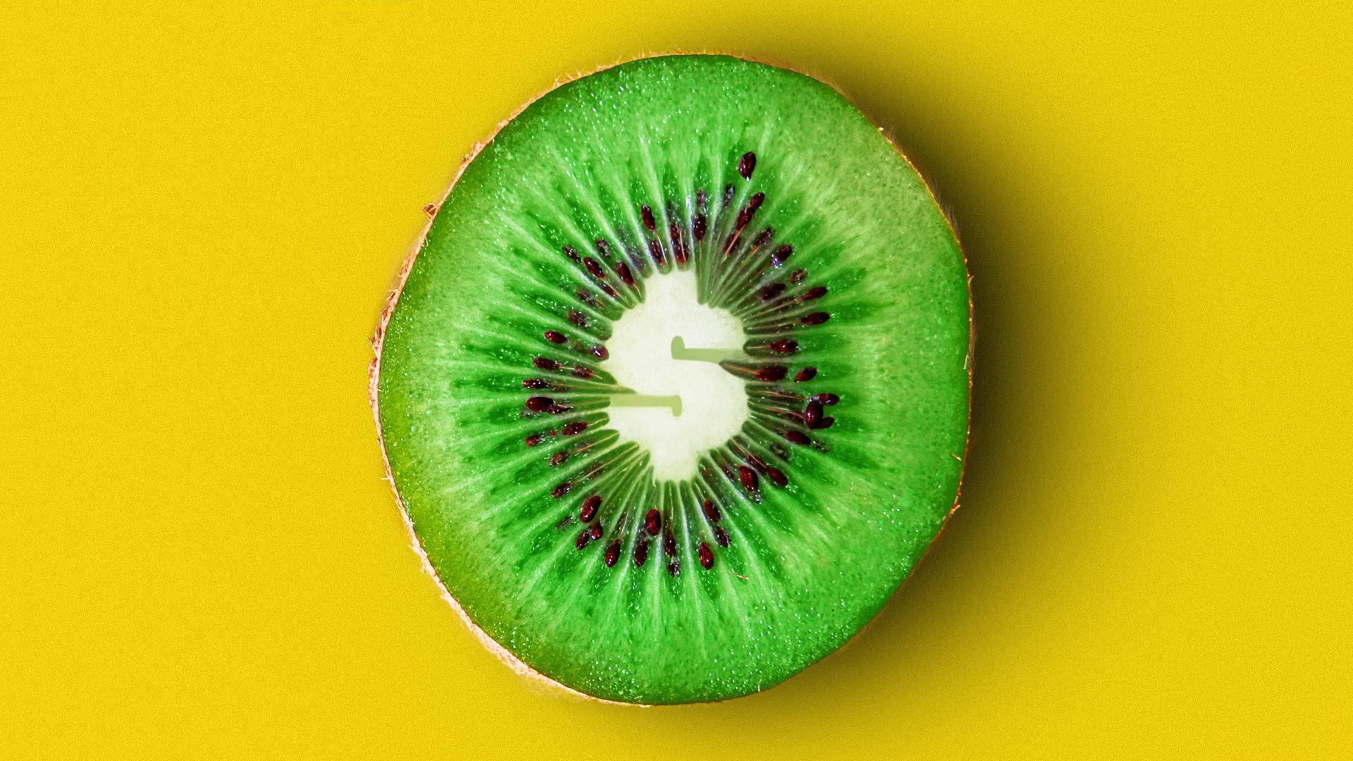 an illustration of a kiwi split in half with the center of the fruit forming a dollar sign