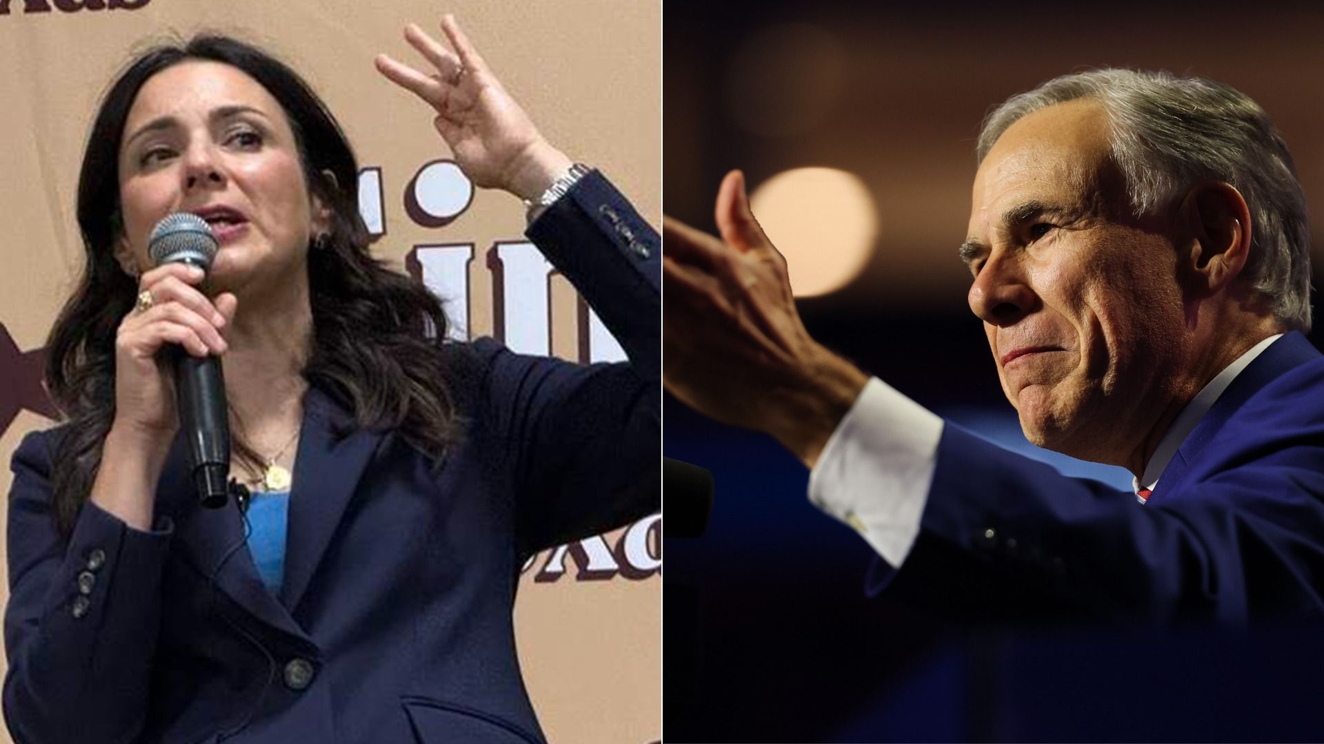 Split image: left shows a woman in a navy blazer speaking into a microphone with her hand raised; right shows an older man with gray hair in a blue suit facing left, his hand raised.