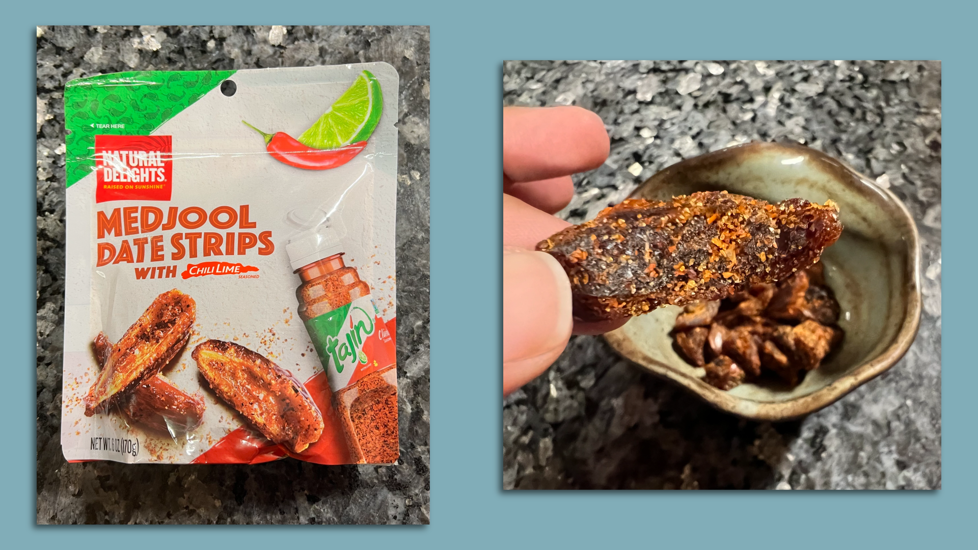 Two photos side by side in a blue background. On the left, it's packaging of Tajin Medjool Date Strips. On the right, it's the date covered in Tajin. 