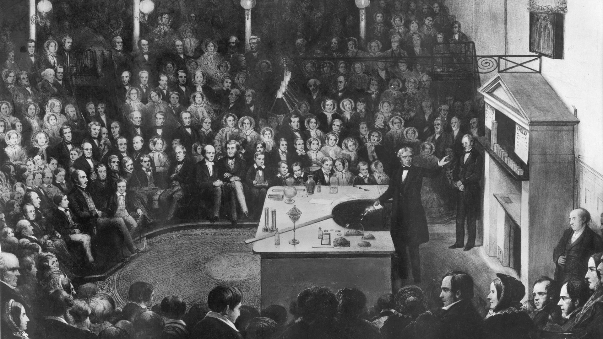 In illustration of a man gesturing while giving a speech to an audience