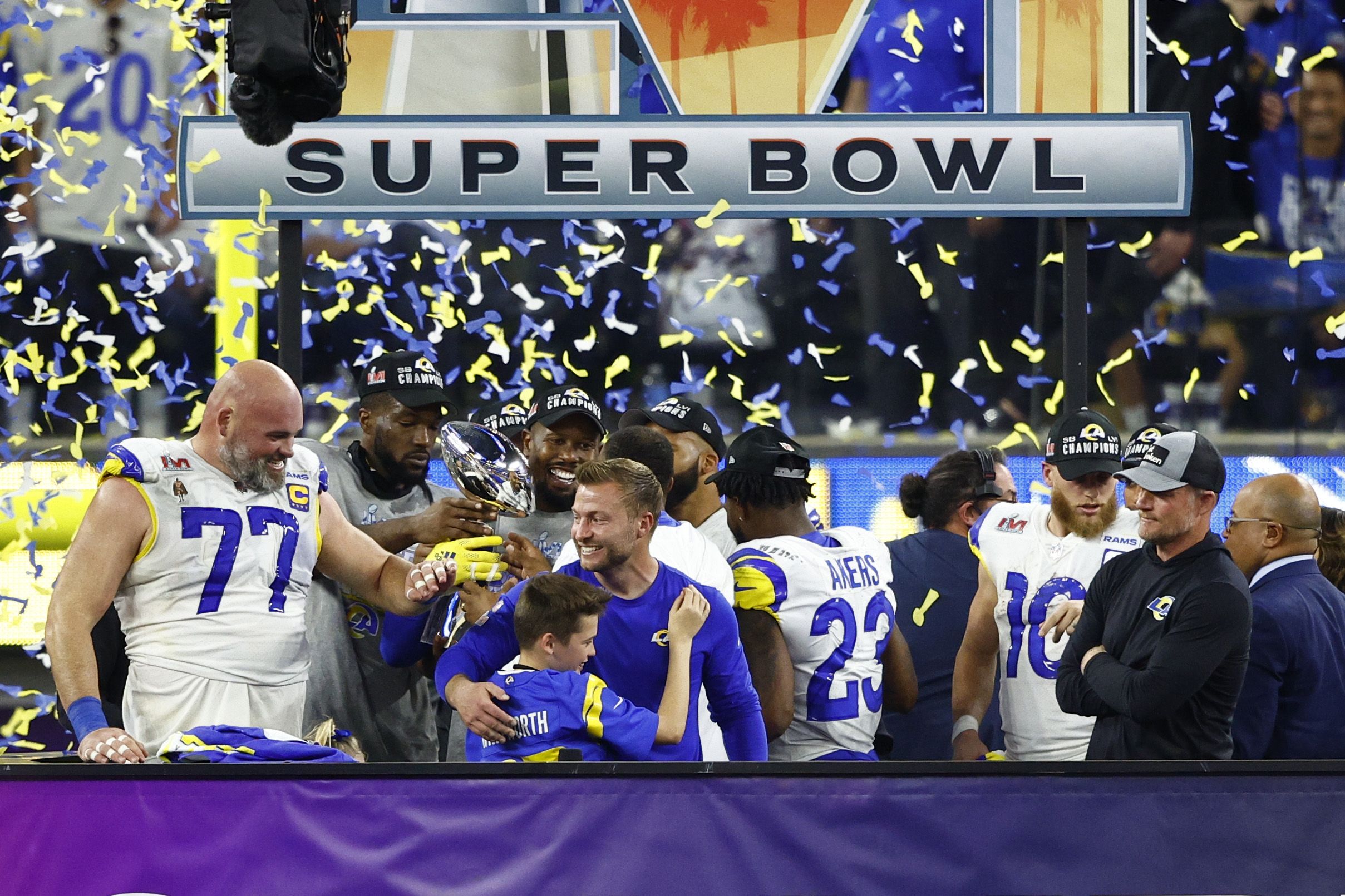  The Los Angeles Rams celebrate after defeating the Cincinnati Bengals in Super Bowl LVI at SoFi Stadium on February 13, 2022 in Inglewood, California. 