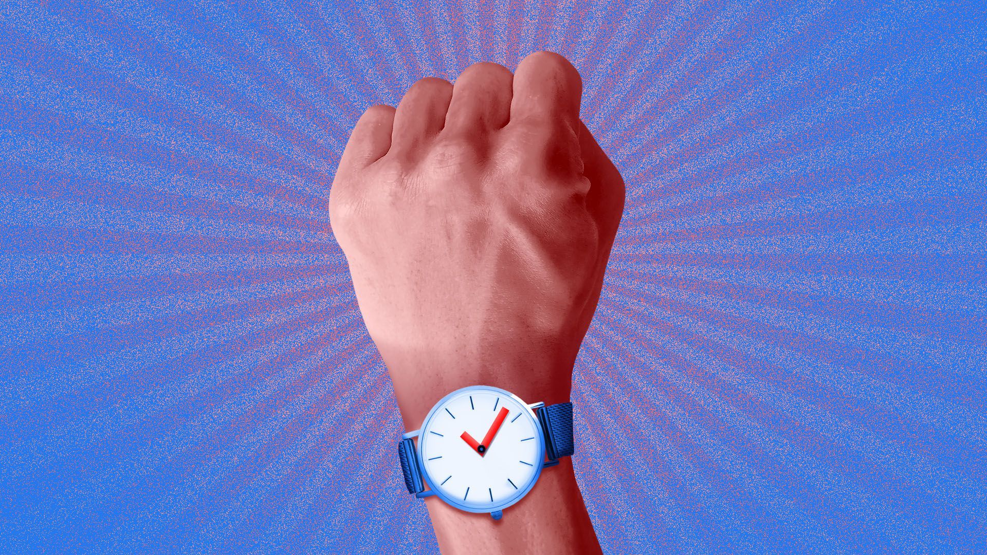 Illustration of a fist wearing a watch with hands in the shape of a check mark