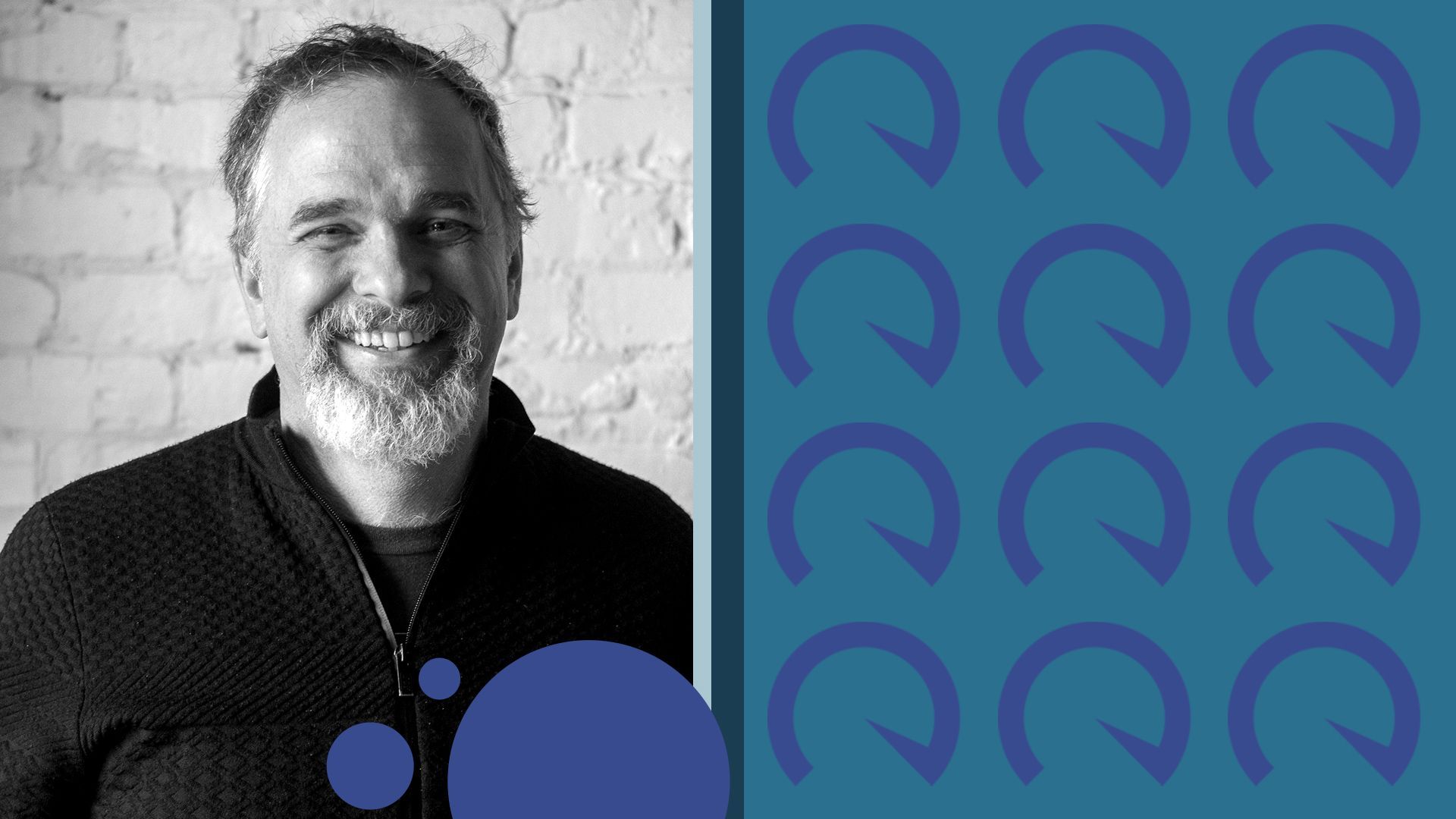 Photo illustration of Eric Boduch surrounded by abstract shapes and a pattern made from the Revcast logo.