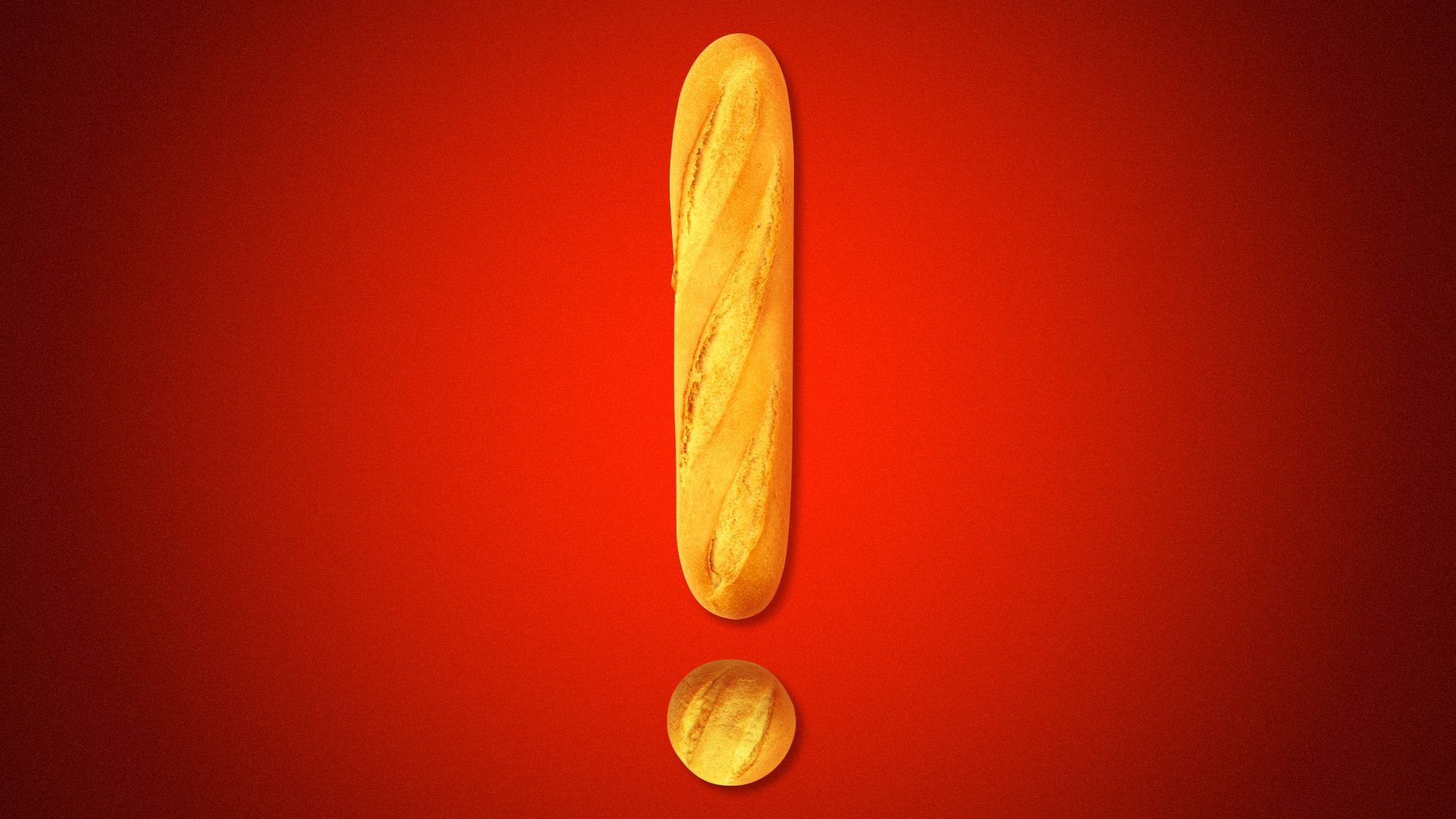 Illustration of an exclamation point made out of a baguette and a dinner roll. 