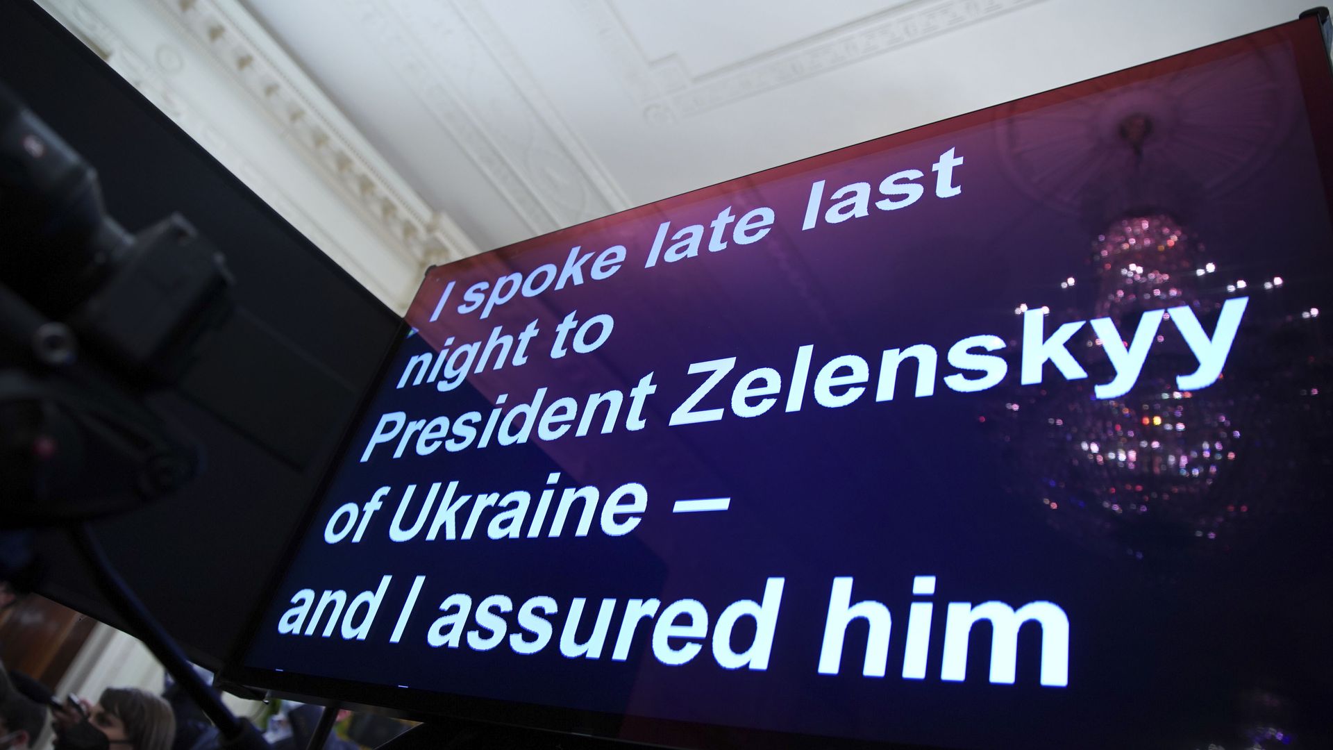 A TelePrompTer shows part of President Biden's Ukraine remarks on Thursday.