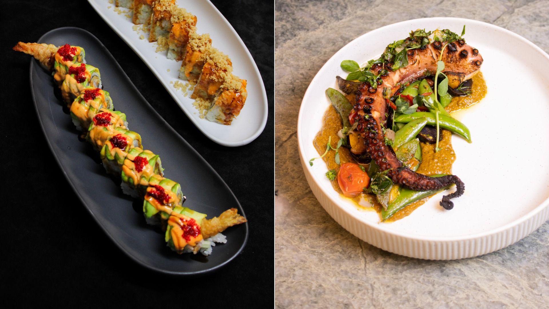 Split image: left a black plate with avocado-topped sushi rolls drizzled in orange sauce and red roe; right a white plate with grilled octopus tentacle among vegetables and sauce.