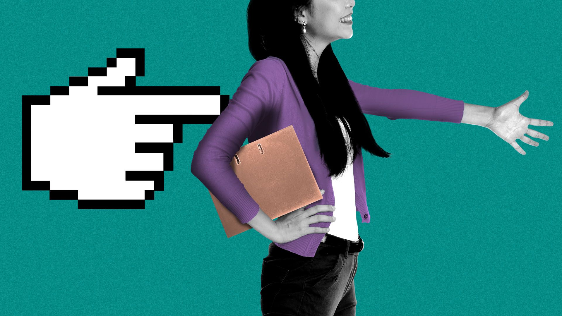 Illustration of a cursor pushing a woman who has her hand outstretched as if she's meeting someone for a job interview