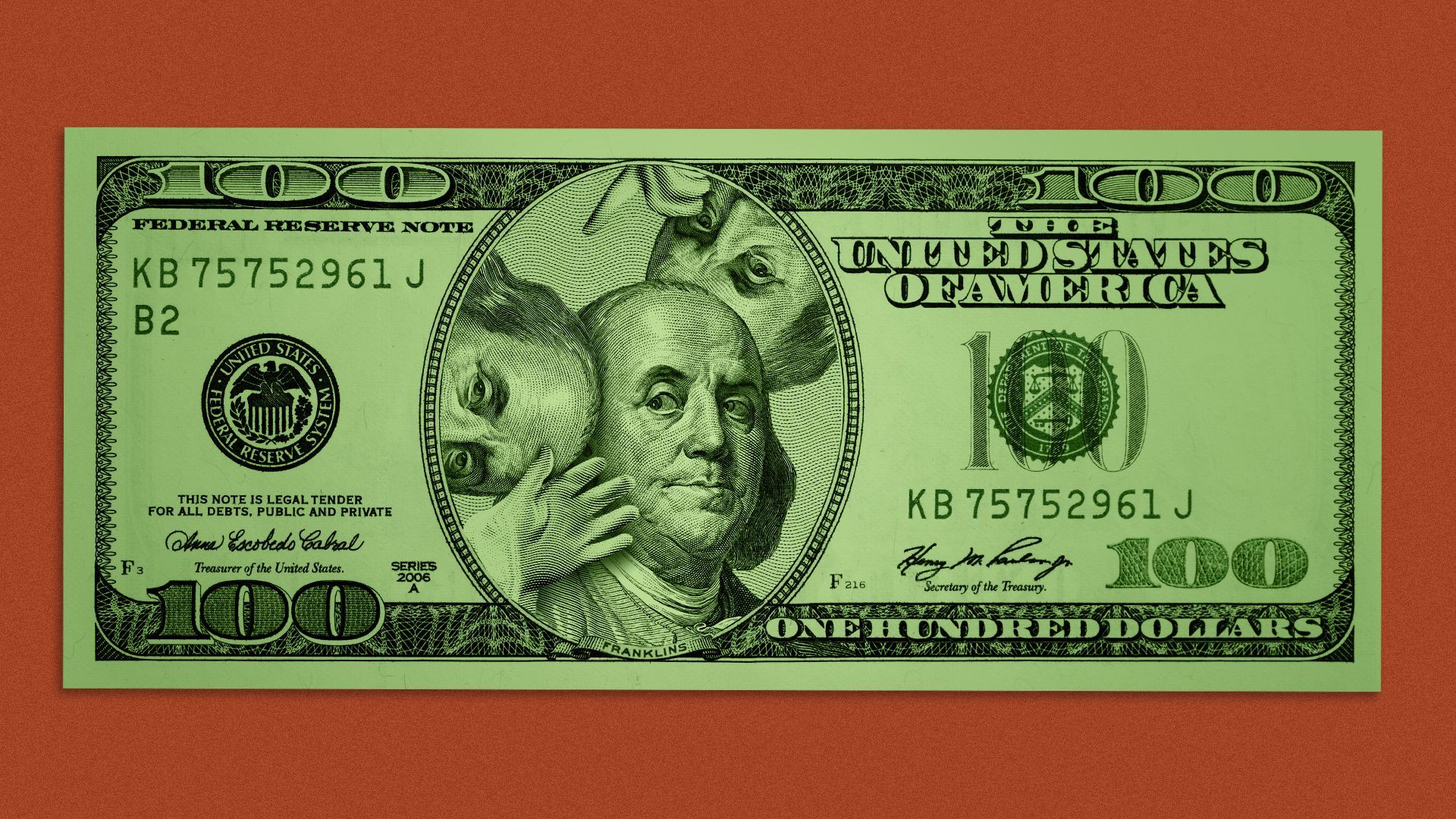 Illustration of a hundred dollar bill with multiple Benjamin Franklin's in the center window. 