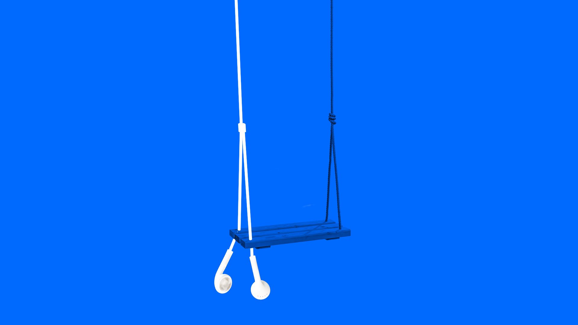 Illustration of a child's swing dangling from Apple earbuds