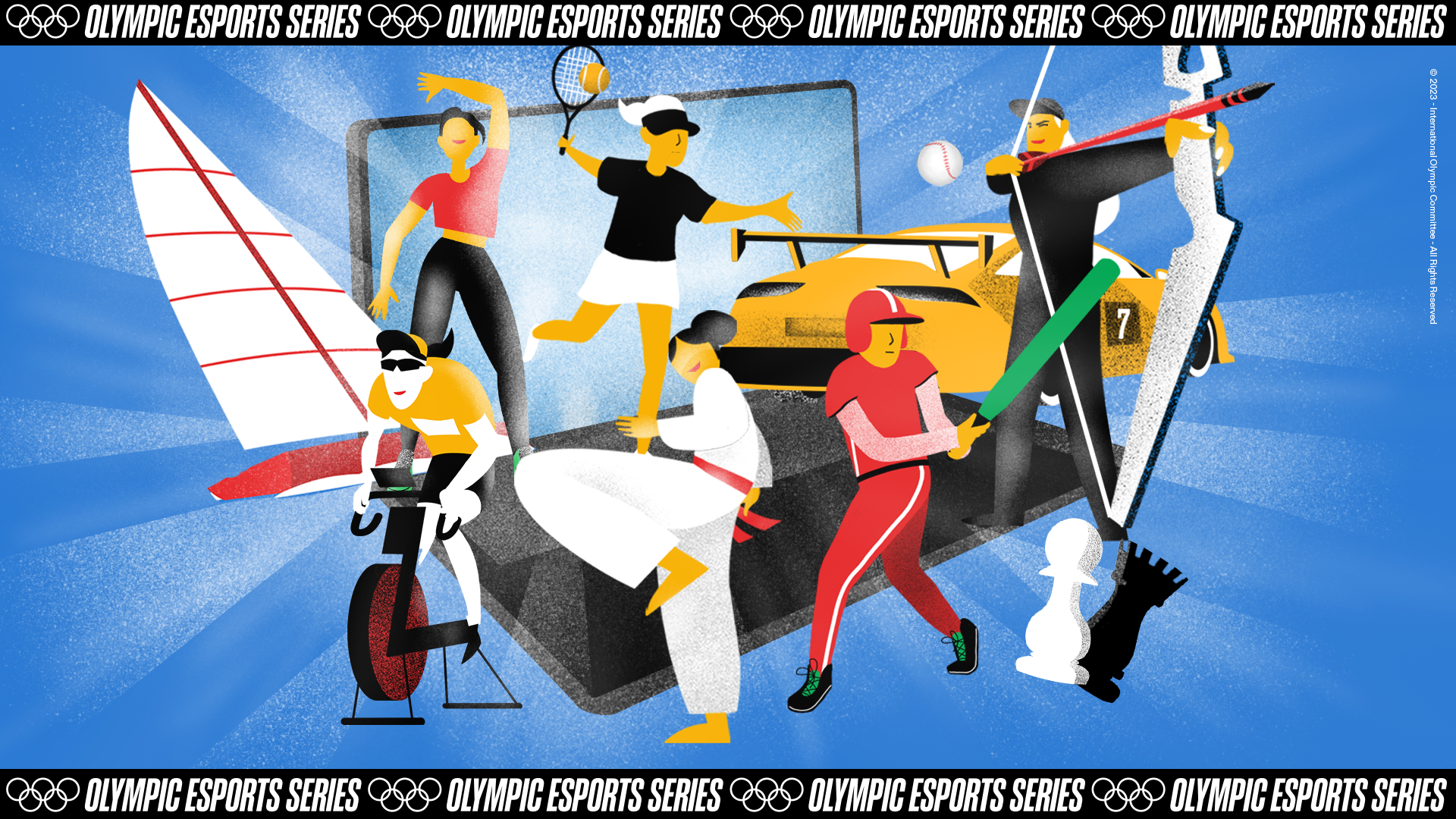 Illustration of a baseball player, cyclist and archer, among other athletes. A banner below them shows the words: Olympic esports series