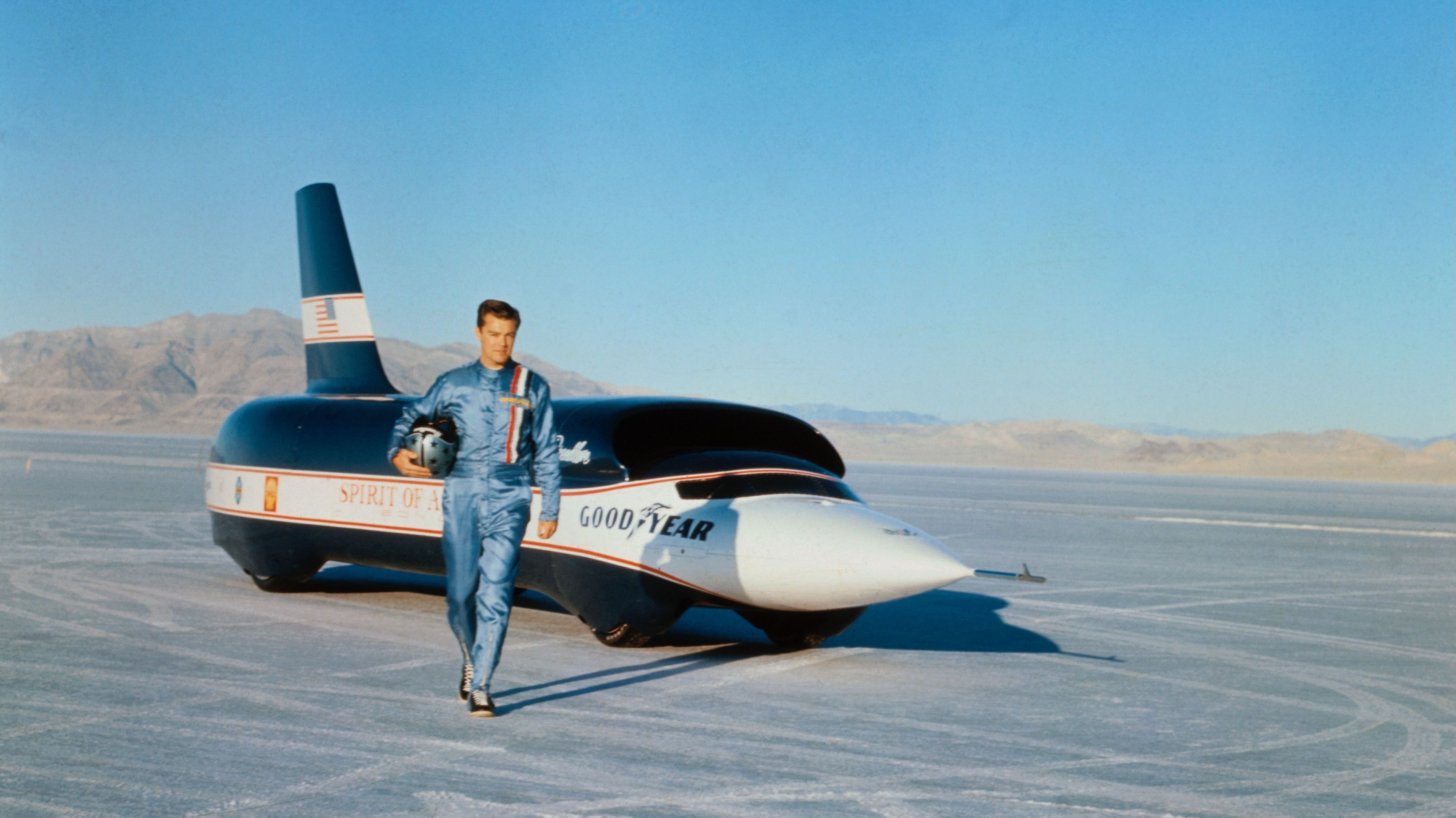 Craig Breedlove with his "Spirit of America," the first car to exceed 600mph, in 1965. 