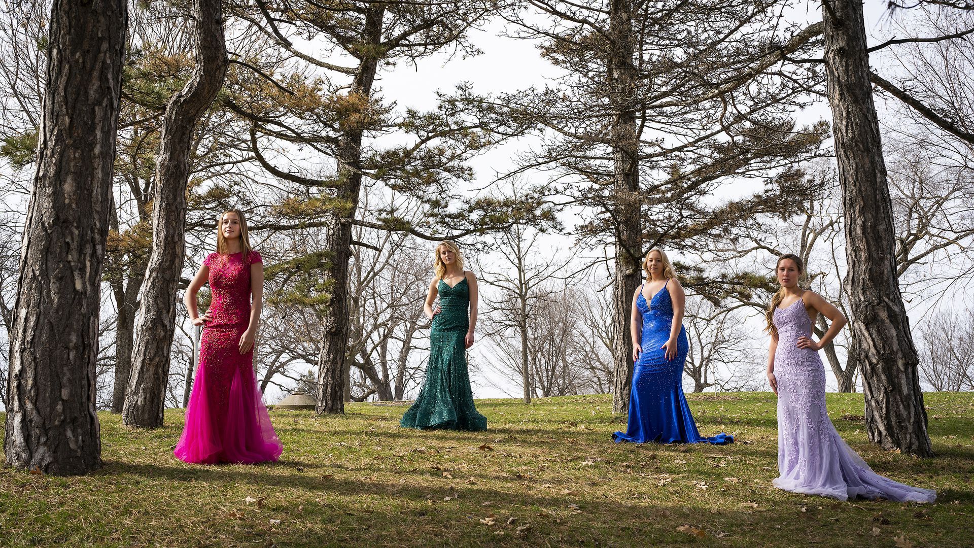 Seniors Madisyn Swanson, from left, Lily Marchant, Hannah Dorr and Morgan Brown posed for a photo in their prom dresses.