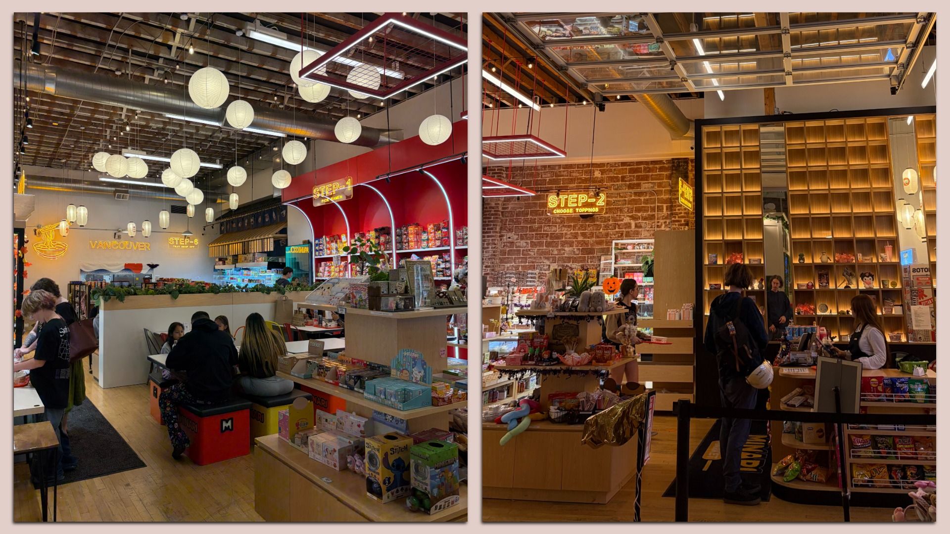 Two-panel interior of a modern shop: left side with hanging white lanterns, seating, and a counter; right side brick wall, neon "STEP-2" sign, shelves, and customers at a checkout.