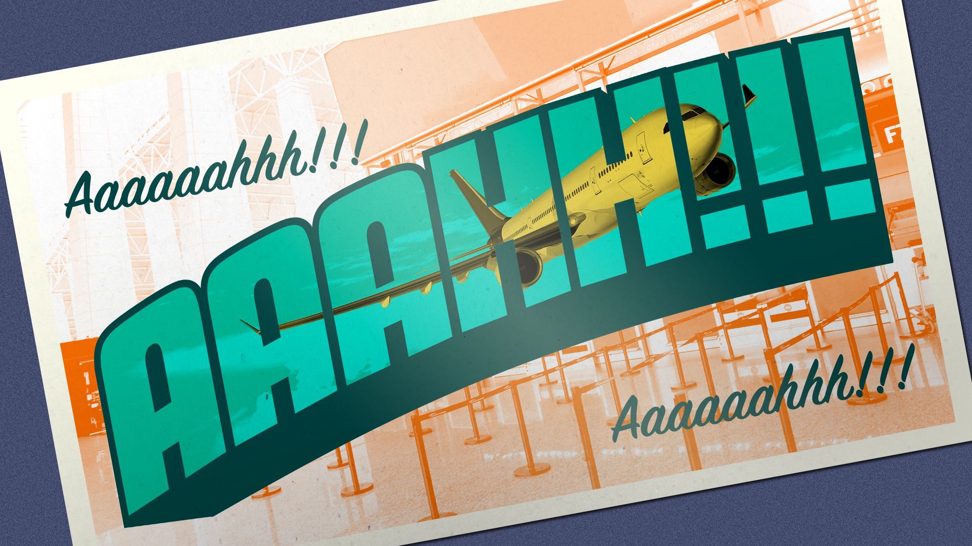 Illustration of a travel postcard with an airplane appearing in the text of a scream.