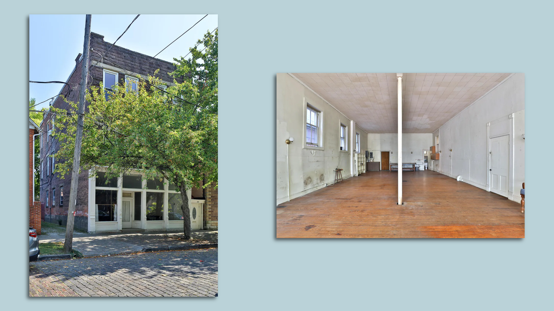 Photos of a 3-story brick residence and its 1st-floor showroom.