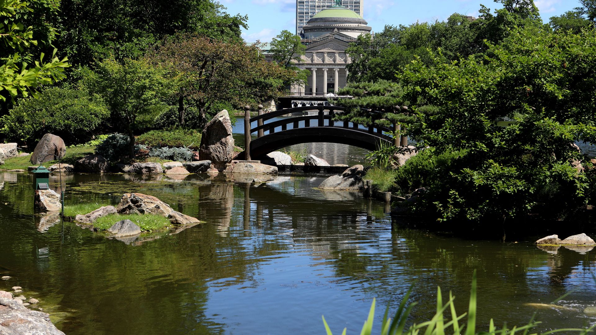A bridge in the middle of a Japanese garden. 