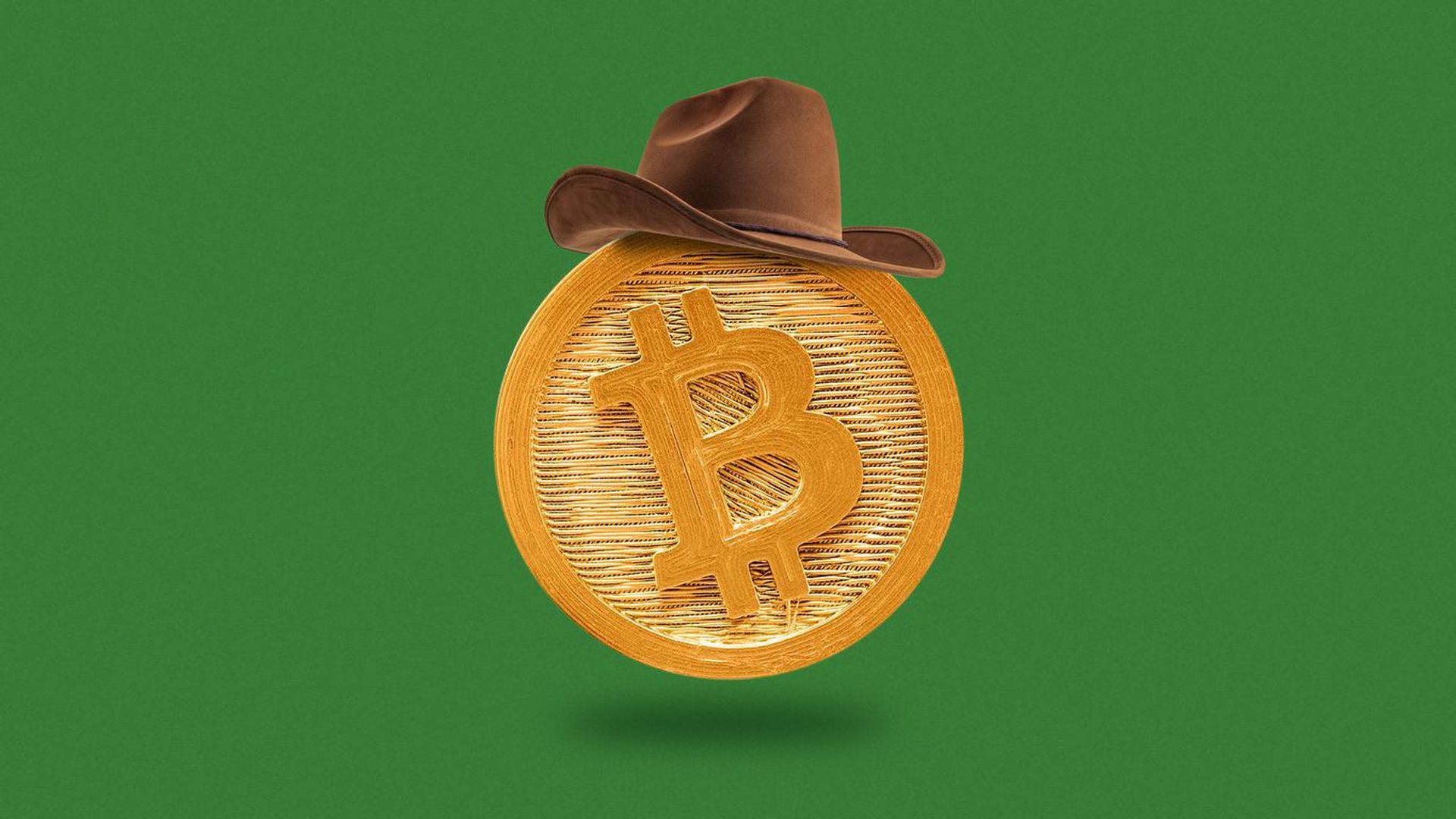 Illustration of a wooden coin, with a bitcoin symbol, wearing a cowboy hat